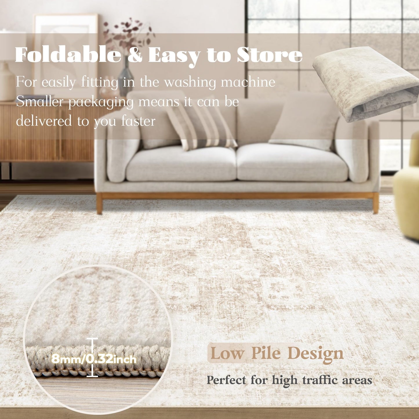 VECARF Area Rug 9x12 Washable Rug, Vintage Boho Medallion Rugs Non-Slip Soft Low Pile Large Distressed Rug Indoor Retro Carpet for Living Room Bedroom Dining Room Home Office (Beige, 9'x12')