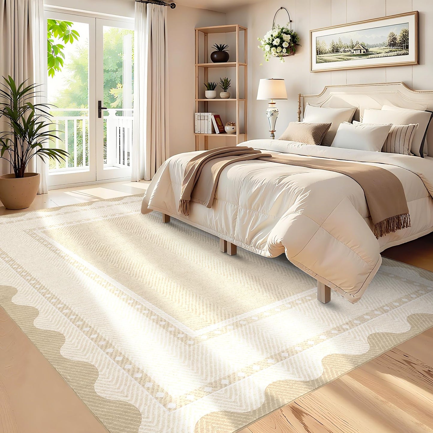 COZYLOOM Modern Living Room Rug 5x7 Rug for Entryway Indoor Machine Washable Area Rugs with Non Slip Backing, Non Shedding Stain Resistant Neutral Bordered Carpet for Office Nursery, Beige
