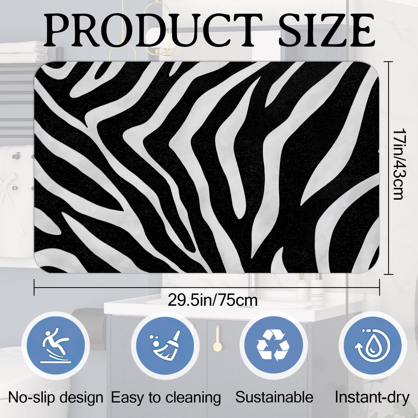 Elightvap Bath Mat Zebra Print Bathroom Rug,Soft and Non Slip Bath Rugs,Quick Drying Machine Washable Floor Mat 17 * 29.5 Inches for Shower Room,Bathtub,Kitchen Bathroom