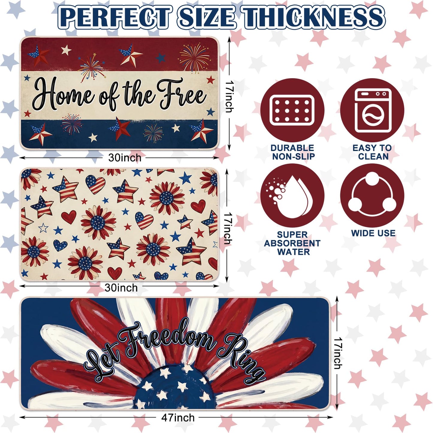 Dunzy 3 Pcs 4th of July Kitchen Rugs Independence Day Patriotic Kitchen Mats American Rugs Non Slip Washable Mats for Floor Home 250th Anniversary Decor, 17 x 30, 17 x 30 and 17 x 47 inch