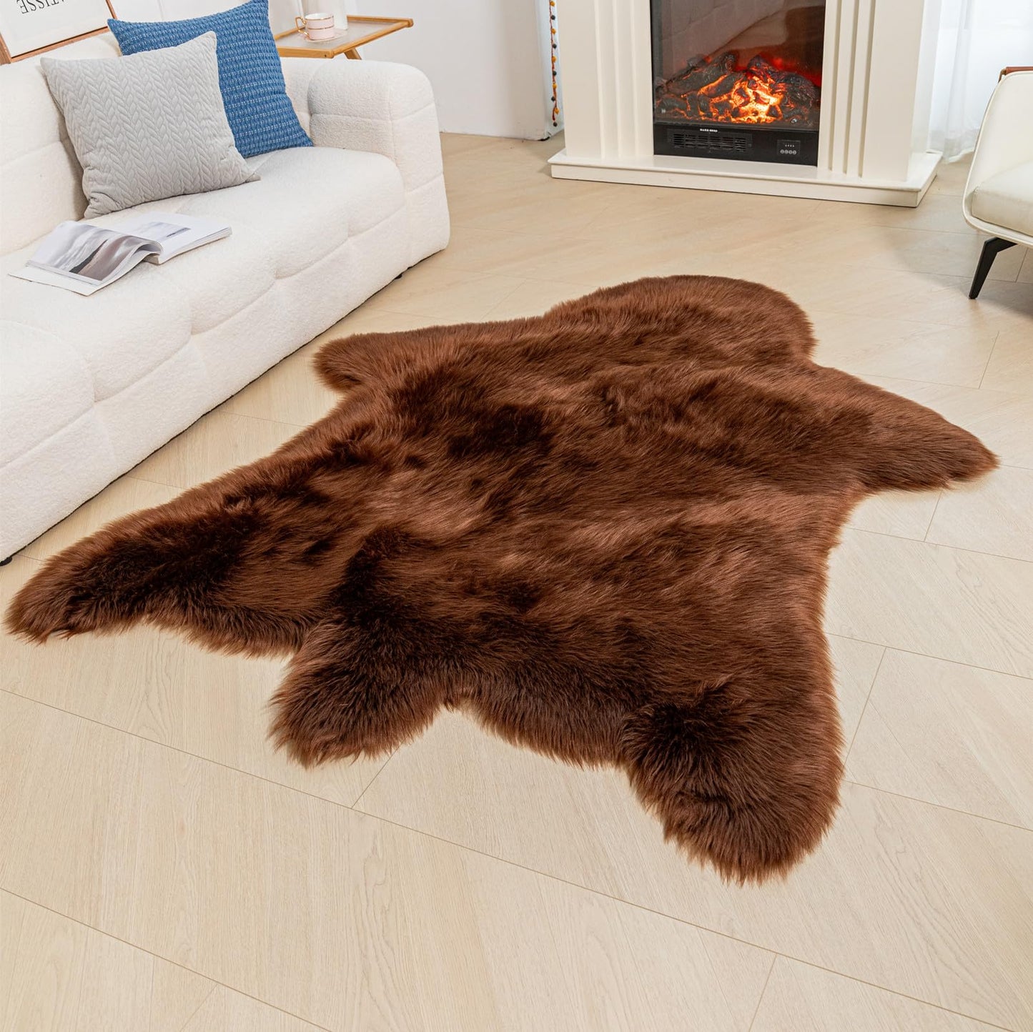 AbunHeri Brown Bear Rug Faux Cowhide Rug Animal Print Area Rug Faux Sheepskin Fur Carpet Decor for Living Room Brown 5.1x6.1 Feet