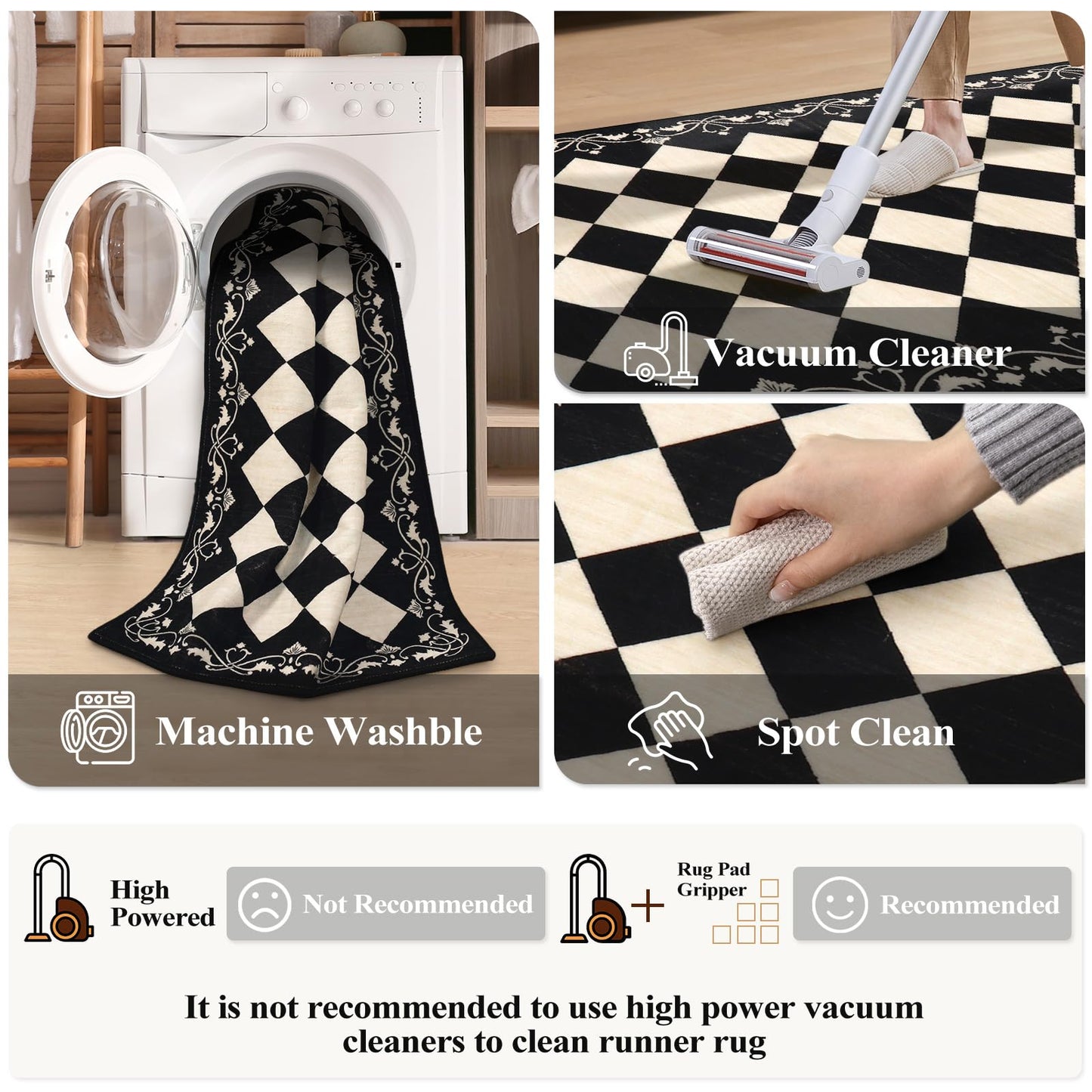 Beeiva Checkered Bathroom Runner Rug 2x6, Black and White Washable Runners for Hallways Non Slip, Moroccan Trellis 2x6 Rug for Besides Laundry Kitchen, Checkerboard Stain Resistant Bathroom Decor