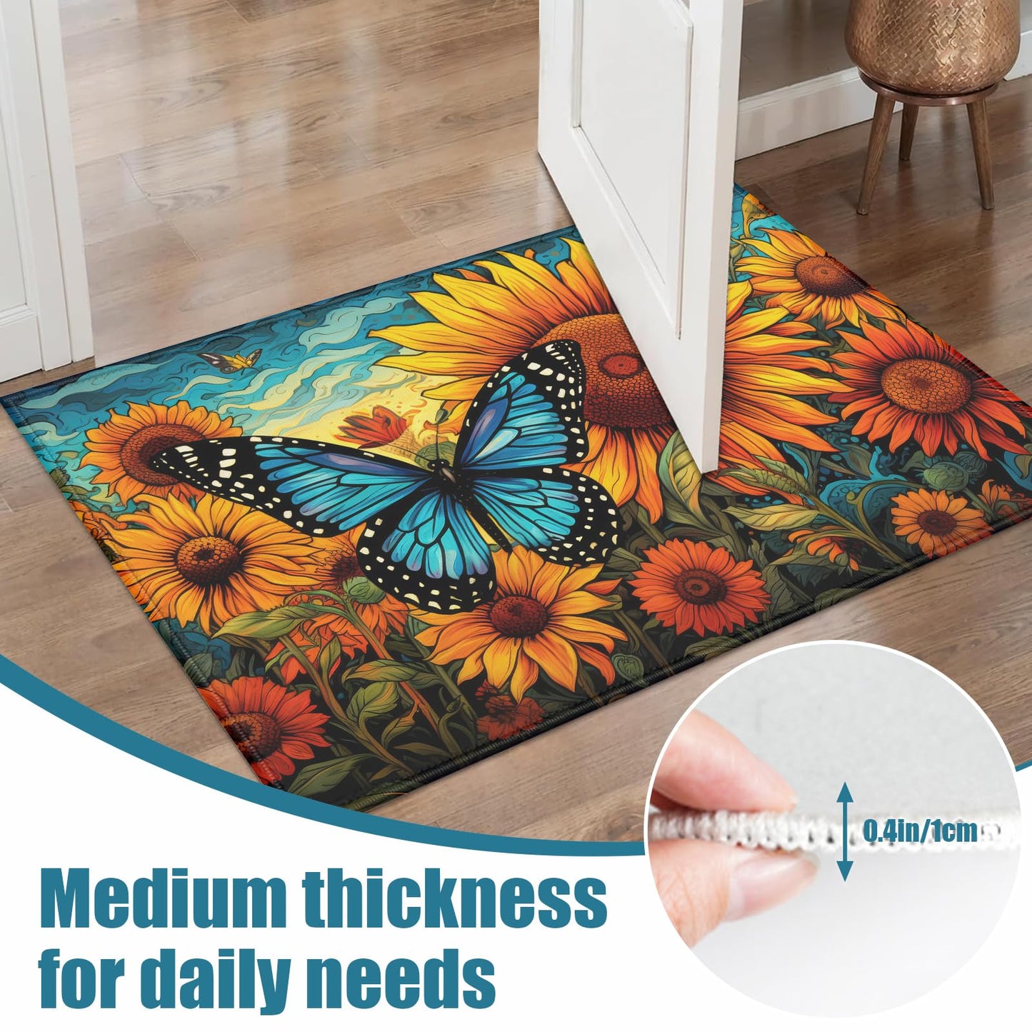 Summer Sunflower Indoor Door Mat, Butterfly Outdoor Entrance Doormat for Entryway Kitchen Bathroom 17 X 29 Inch