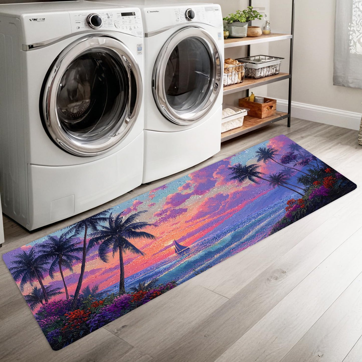 ANNA QUEEN Pink Sunset Laundry Room Rug 20x47 Inch – Non Slip Pink Sunset Mat for Laundry Room, Kitchen, Entryway, Holiday Decor