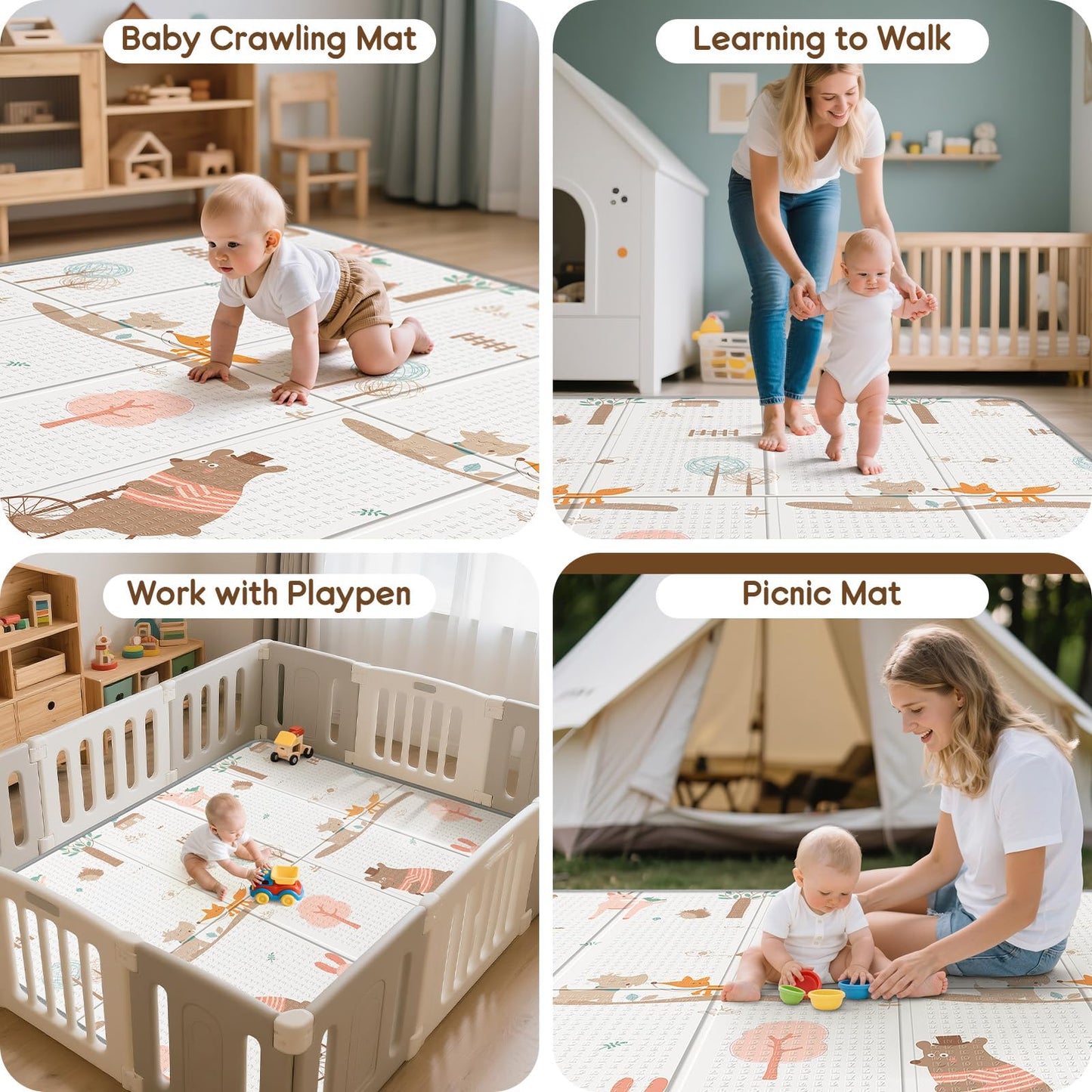 Foldable Baby Play Mat for Floor, PIGLOG 79x71 Extra Large Crawiling Play Mat for Babies, Waterproof & Portable Tummy Time and Non-Toxic Soft Foam Playmat for Infants, Toddlers, Bear