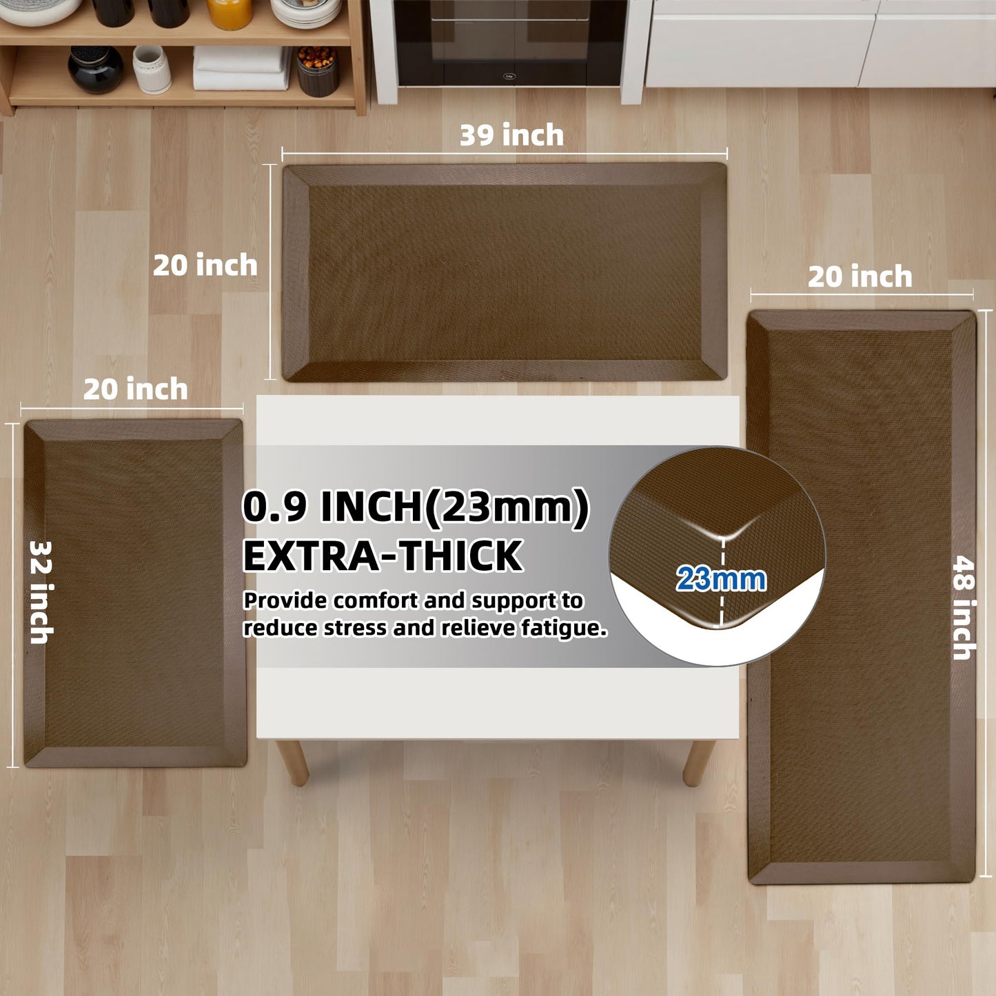 Anti Fatigue Kitchen Mats for Floor, Brown 9/10 Extra Thick Cushioned Standing Desk Mat, Comfort Memory Foam Ergonomic Kitchen Rugs and Mats Non-Slip Waterproof for Office, Kitchen, Sink, 20" x 32"