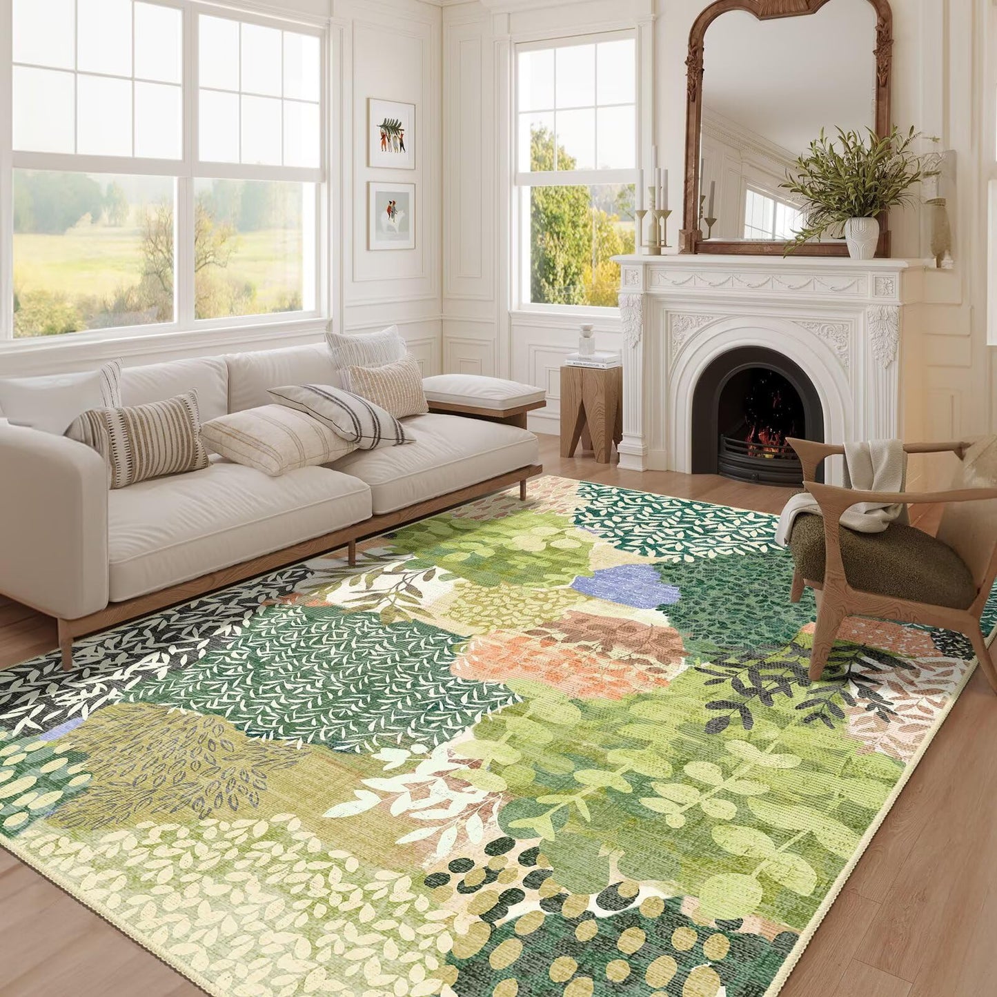 DEXDE Washable Area Rugs 5x7 Tropical Non-Slip Abstract Leaf Floral Boho Soft Rug for Living Room Bedroom Botanical Large Carpet for Entryway Kids Playroom Office,Green