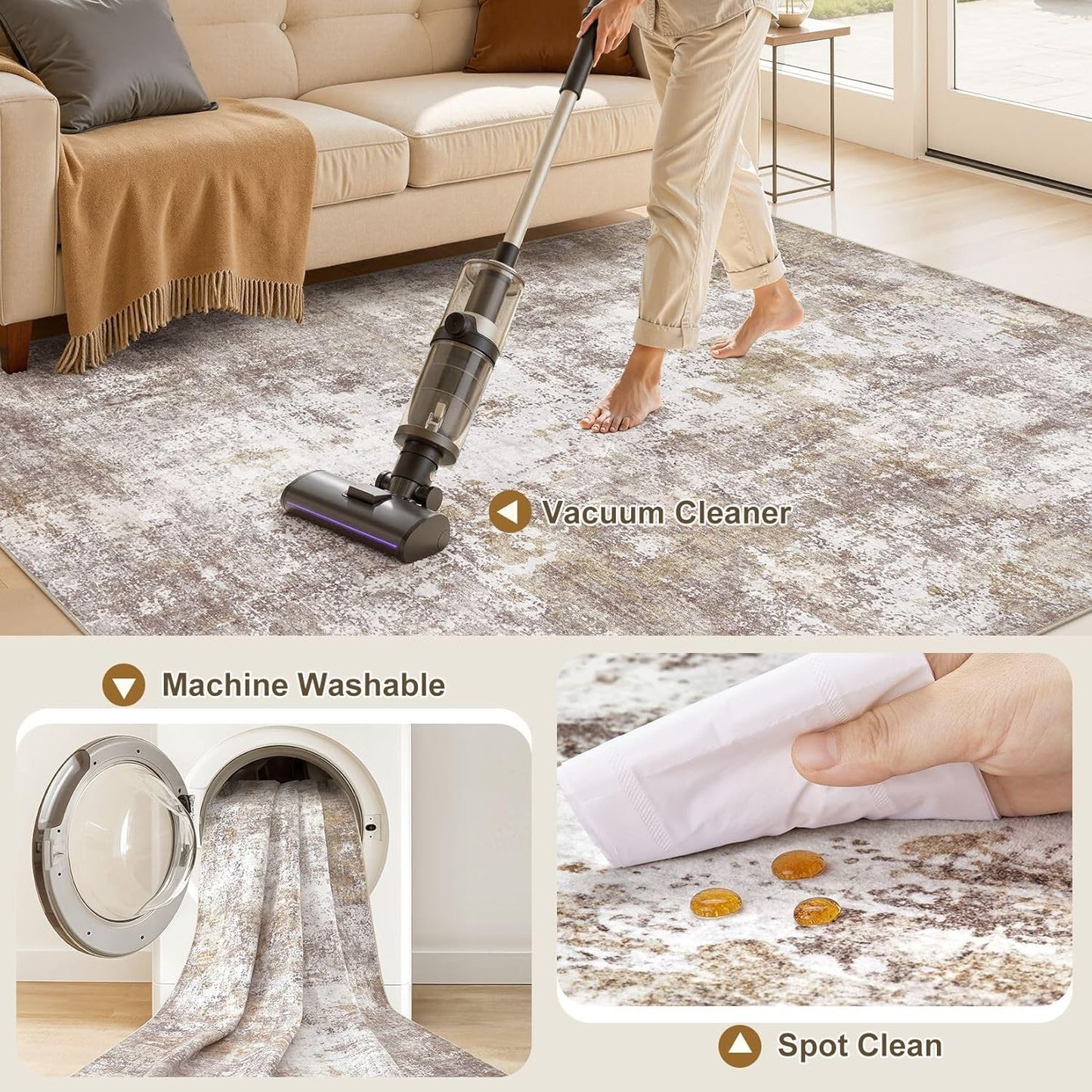 ELLIUNE 10x13 Washable Area Rugs for Living Room, Non Slip Soft Large Rugs for Bedroom Dining Room, Modern Abstract Low Pile Stain Resistant Carpet for Laundry Office Home Decor - Gold Brown