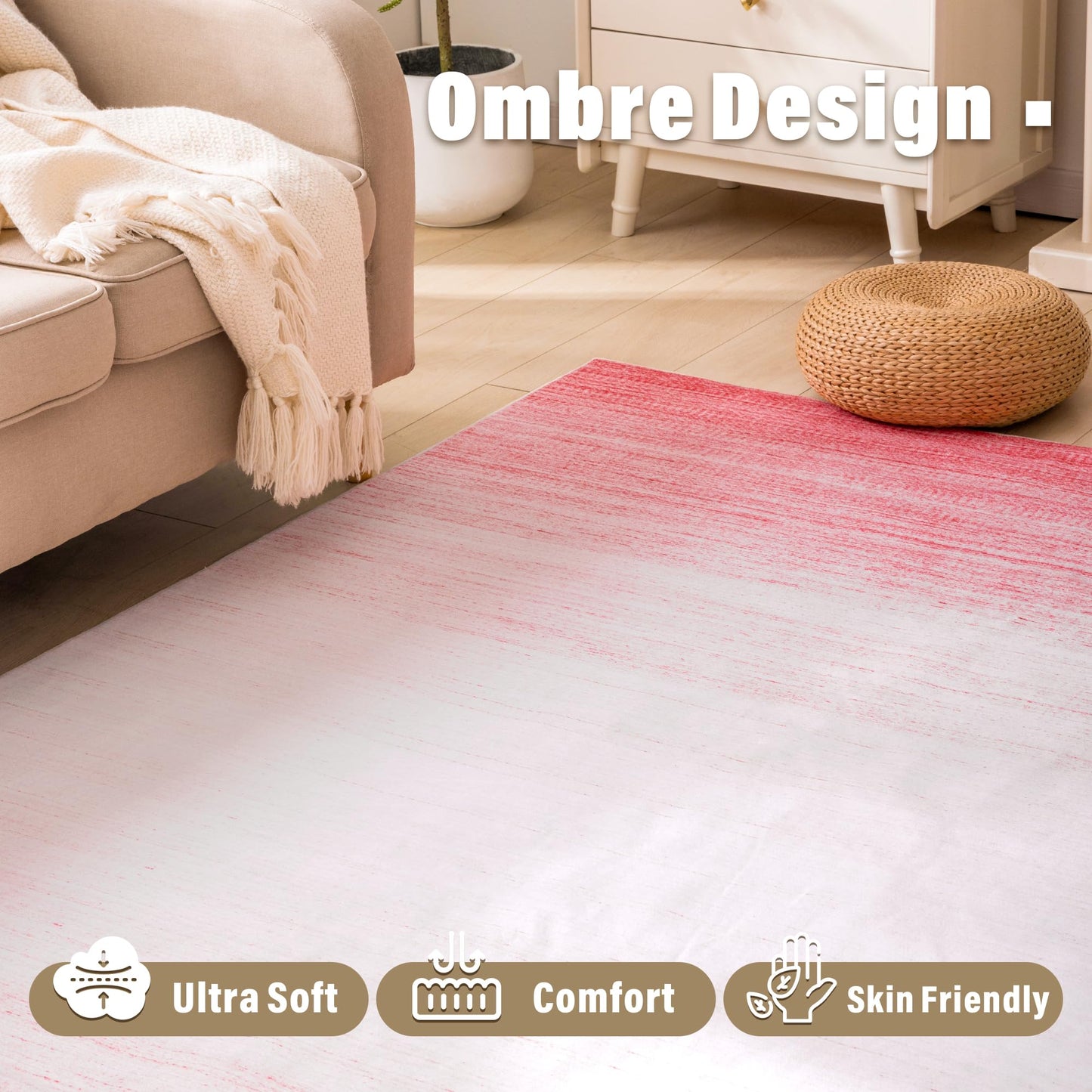 Carvapet 9x12 Area Rug - Pink Gradient Ombre Modern Carpet Low Pile, Non Slip Rubber Backing Easy Clean Foldable Big Thin Floor Rugs for Living Room Bedroom