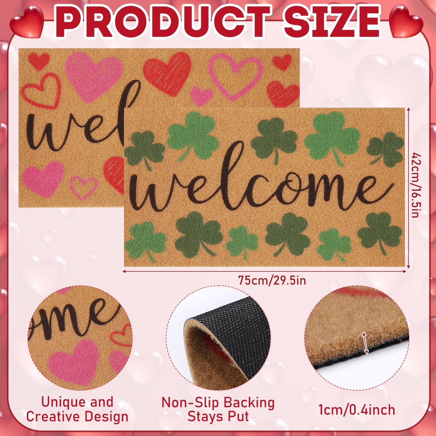 Dunzy 2 Pcs Valentine's Day Welcome Doormat Red Heart and Green Shamrock Coir Door Mat, St. Patrick's Day 16.5" x 29.5" Non-Slip Doormats for Indoor, Outdoor Rug, Porches, Kitchens, Bathrooms