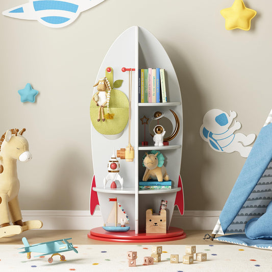 BVIUNTWO Kids Rocket Bookshelf, 360 Rotating Toy Storage Organizer, Multi-Tier Children's Bookcase with Hooks for Playroom & Nursery, Space-Themed Corner Display Shelf for Toddlers, Boys & Girls
