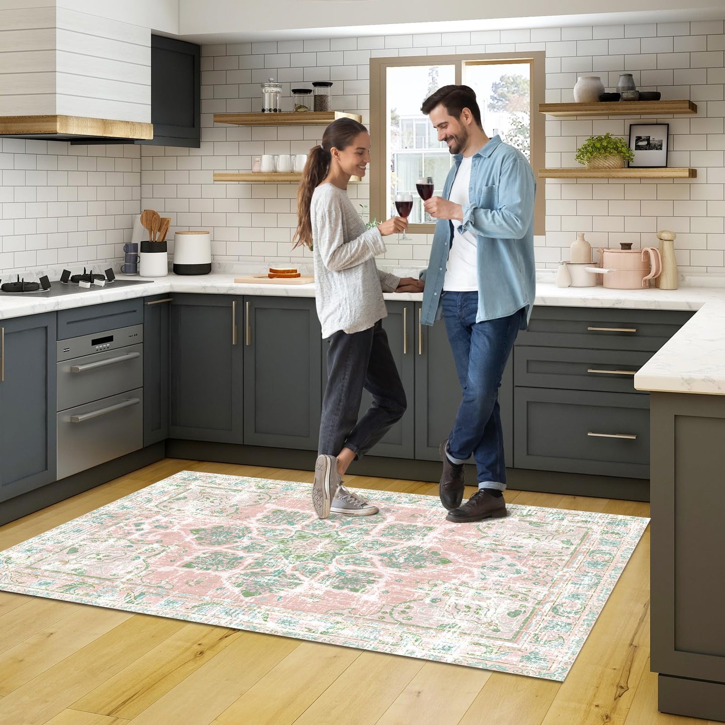 Vhong Boho Area Rugs Vintage Washable Neutral Modern Dusty Pink and Green 3x5 Non Slip Small Carpet for Nursery Living Room Dining Room Bedroom Farmhouse Girls' Room