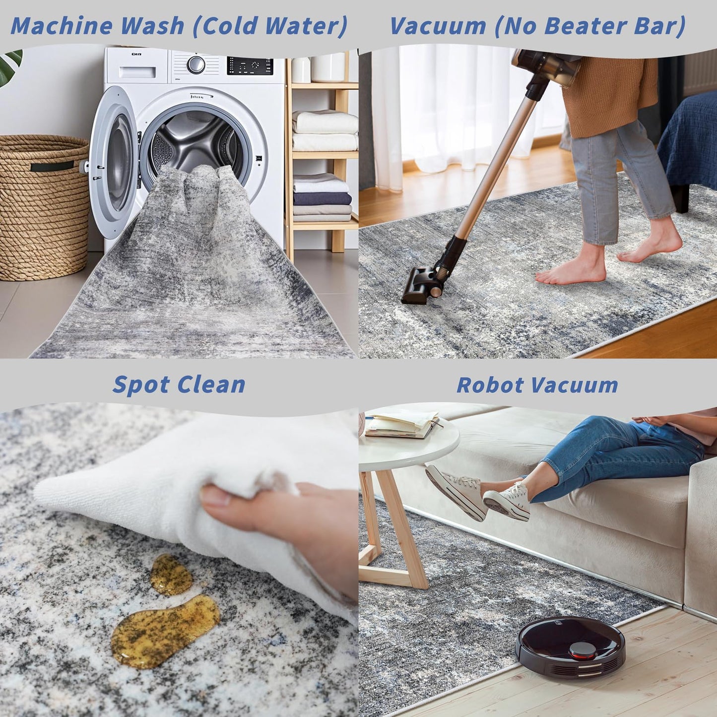 3x5 Washable Entryway Rug – Non-Slip Rubber Backed Small Area Rug for Kitchen, Bedroom, Living Room, Office – Soft Low-Pile Thin Modern Abstract Neutral Throw Rug （Blue Gray,3x5）