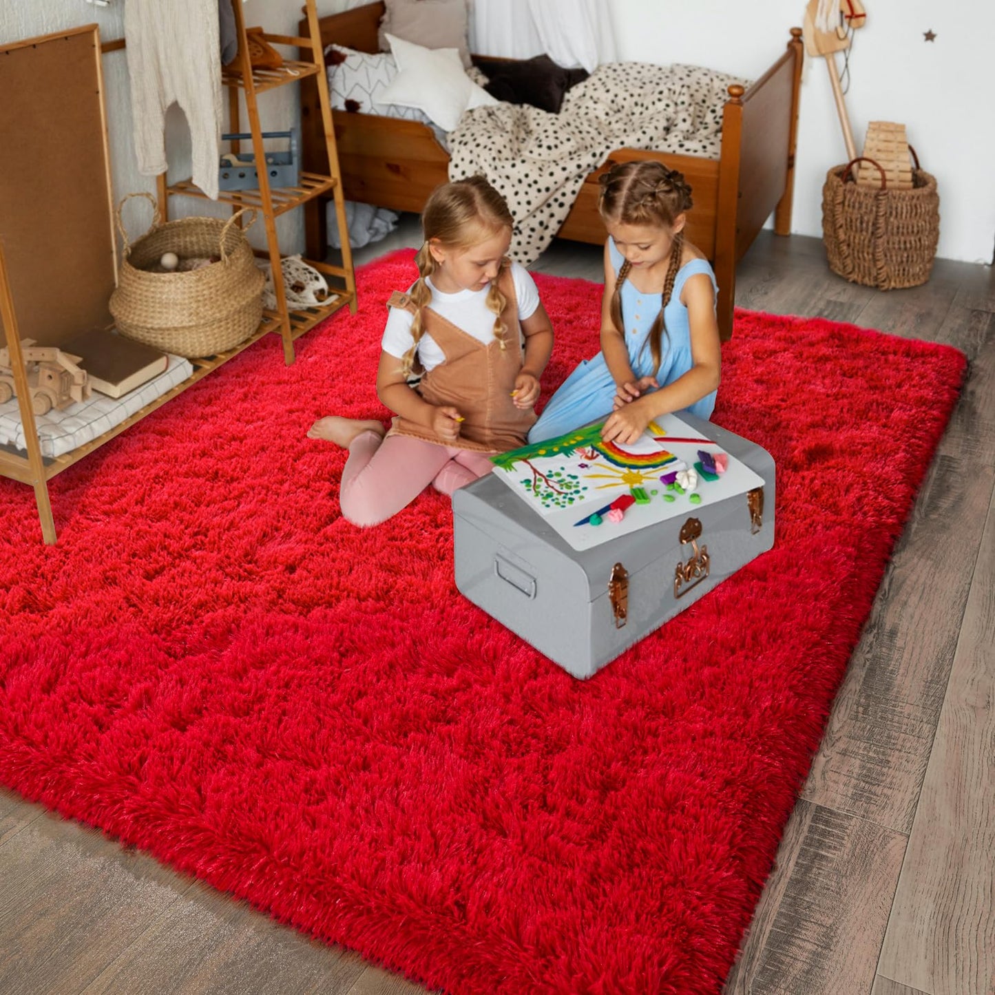 Dssimo Super Fluffy Rug for Bedroom, 4x6 Feet, Modern Shag Red Area Rugs, Soft and Cozy Plush Carpet for Kids,Girls Boys and Teens Decorations for Living Room Dorm Nursery Classroom, Red