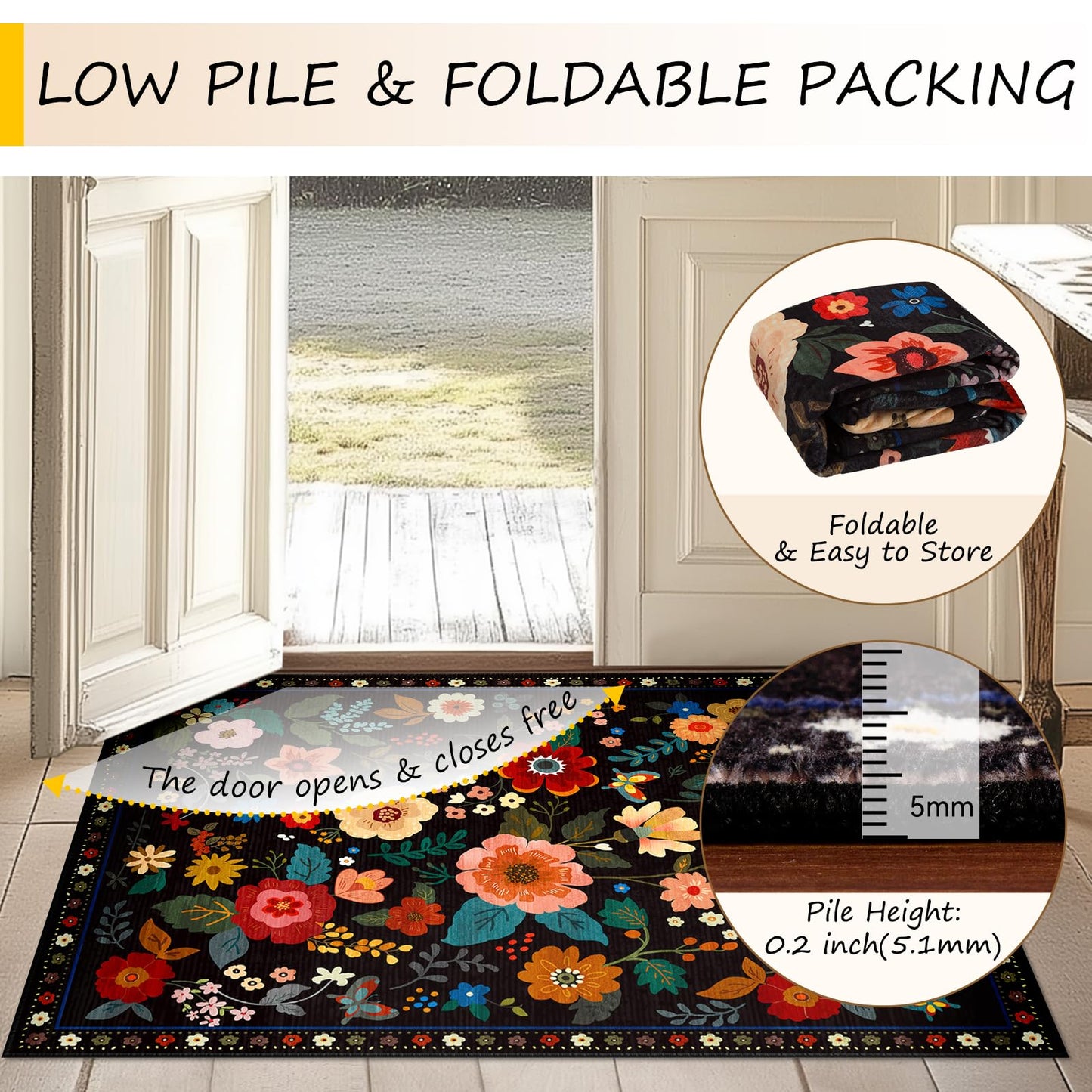 RELEANY Floral 5x7 Area Rugs Washable Print Boho Cute Carpet Non Slip Flower Low Pile for Living Room Bedroom Kitchen Office Farmhouse-Black