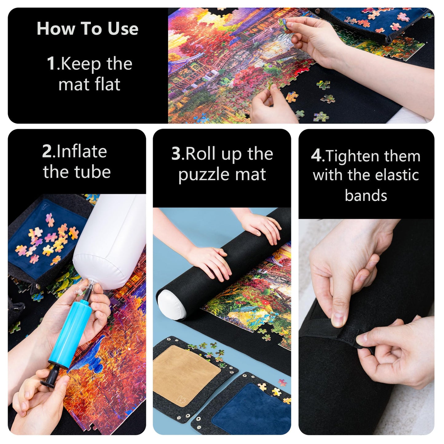 Sancallie Large Puzzle Mat Roll Up, Jigsaw Storage 46"x26" Felt Mat, Jigroll Up to 1500, 1000, 500 Pieces with 4 Puzzle Trays, Material for Jigsaw Puzzle Player, Box with Drawstring Storage Bag