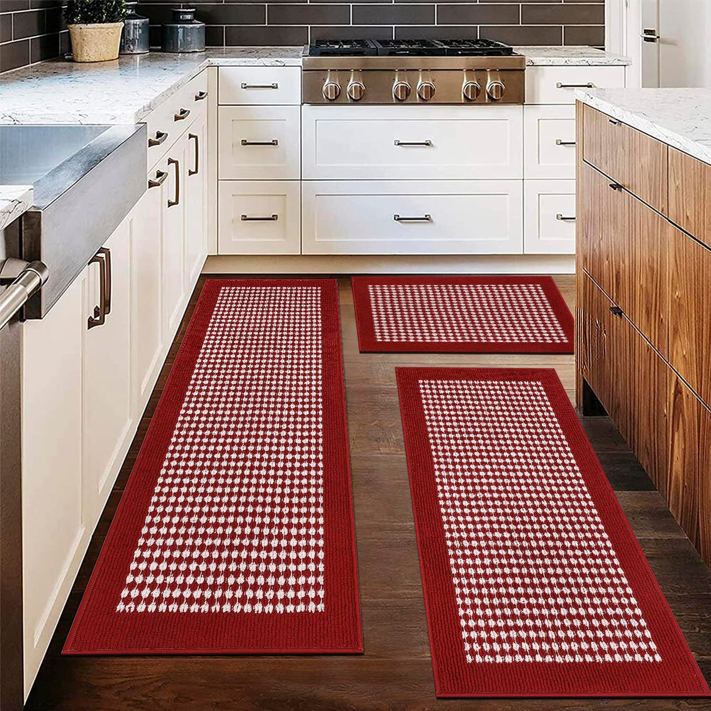 Ileading Christmas Kitchen Mat Sets 3 Piece Red Kitchen Floor Rugs with Non Slip Rubber Backing Machine Washable Runner Rugs for Winter Holiday Decor Laundry Hallway Doormat Valentine's Day