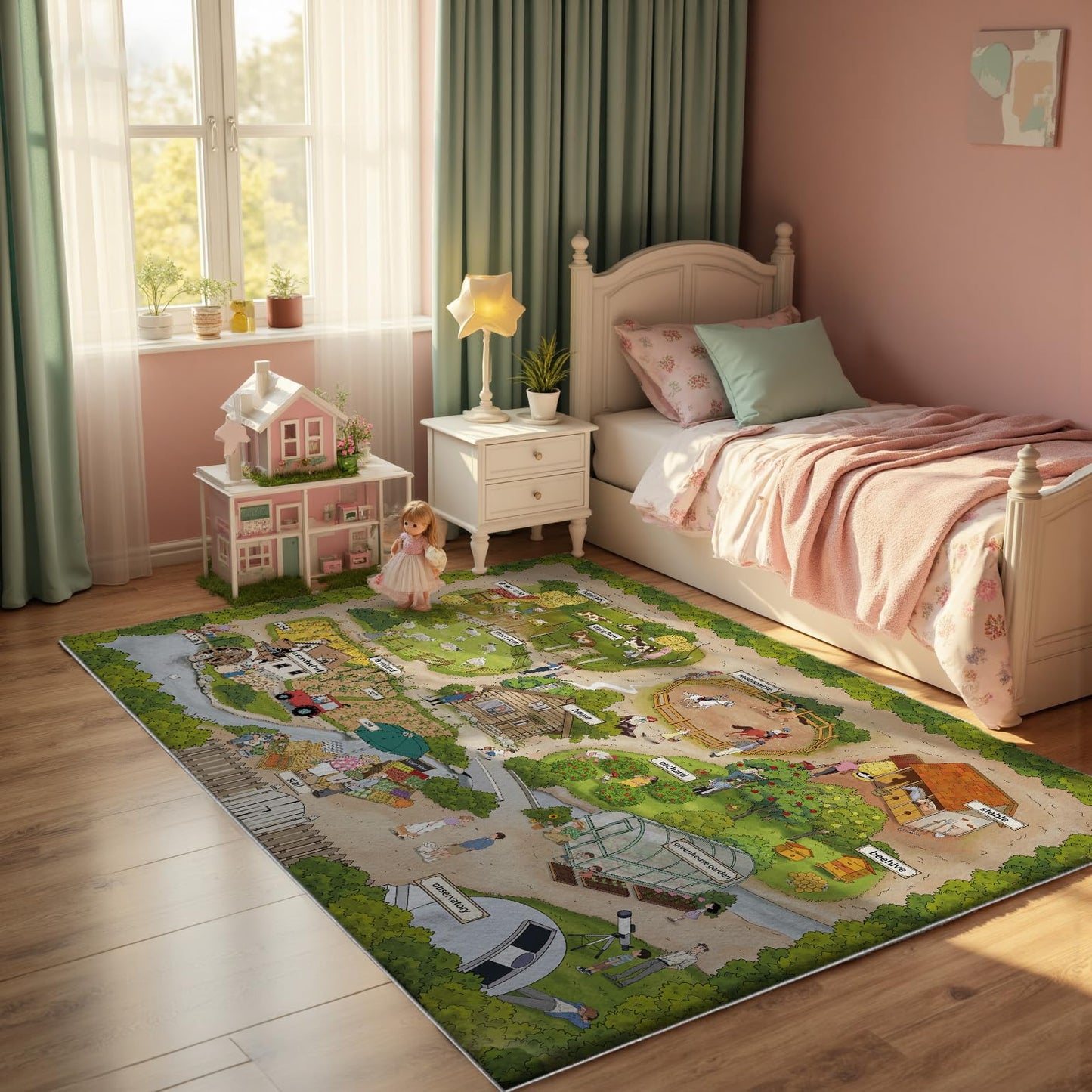Nayoroom Kids Farm Adventure Play Rug,5x7ft Non-Slip Faux Wool Carpet with Interactive English Words, Educational Travel Map Design for Playroom, Bedroom, Nursery Gift