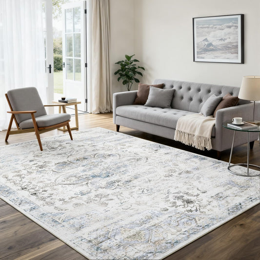 5'x7' Washable Area Rug Non-Slip, Vintage Floral Medallion Distressed Carpet, Soft Low Pile Indoor Floor Mat for Living Room Bedroom Dining Room, Ivory & Soft Denim Blue Vintage-Style