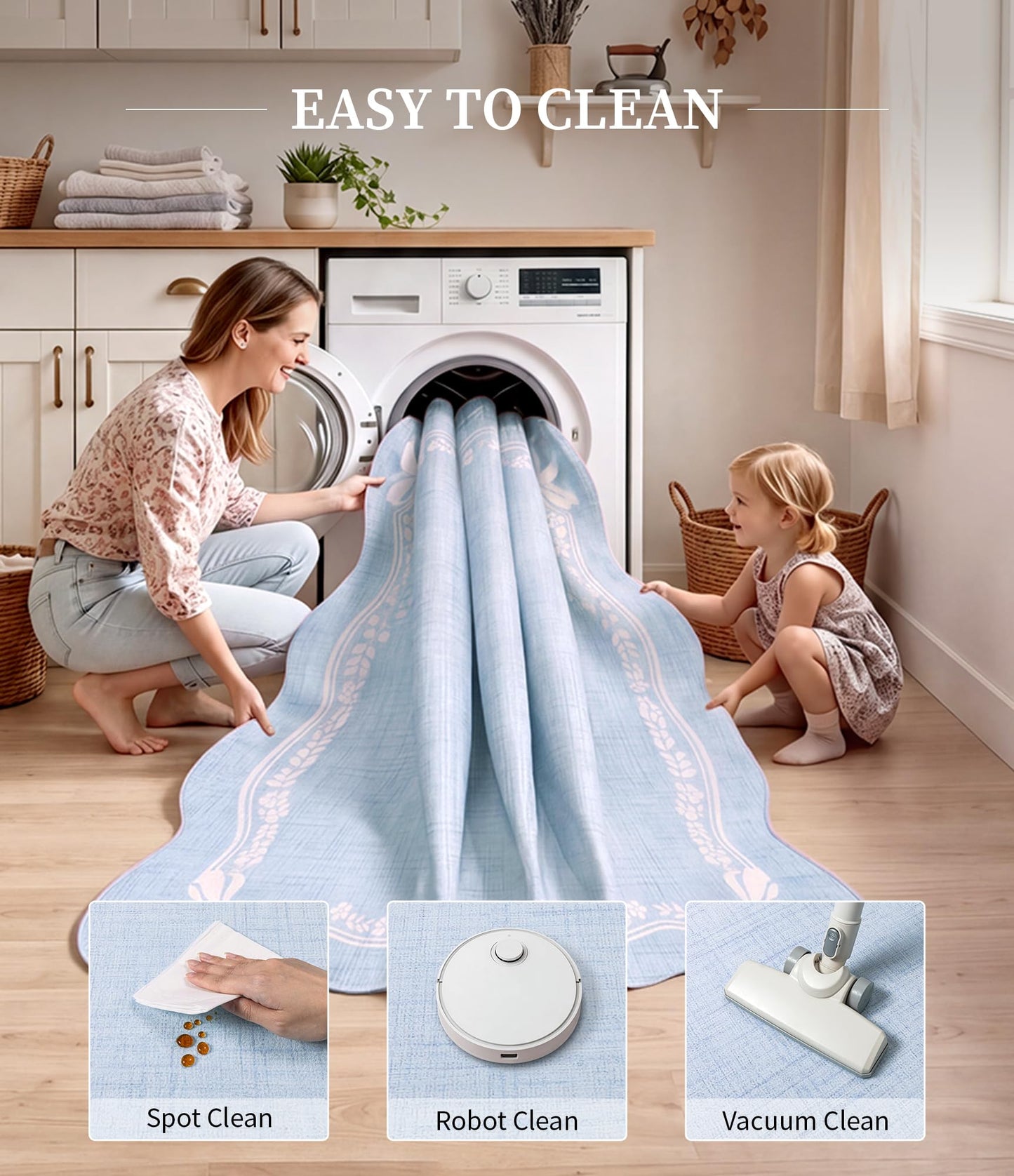 YIHOUSE 5'x7' Area Rug Blue Bow Scalloped Nursery Rug, Cute Princess Girls Bedroom Rug Washable,Non Slip Soft Low Pile Floral Border Carpet for Living Room Family Room Bedroom Standard Space