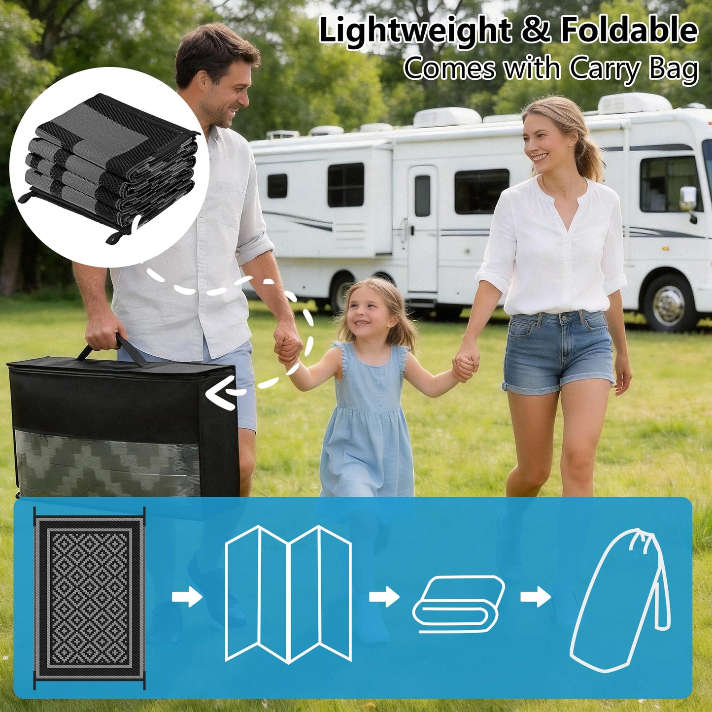 Kohree RV Outdoor Rug 8x10 Reversible, Waterproof Patio Mat with 4 Stakes & UV Fade Resistant, Non-Slip Outdoor Camping Mat for Deck, Picnic, Backyard, Includes Carry Bag (Black & Grey)