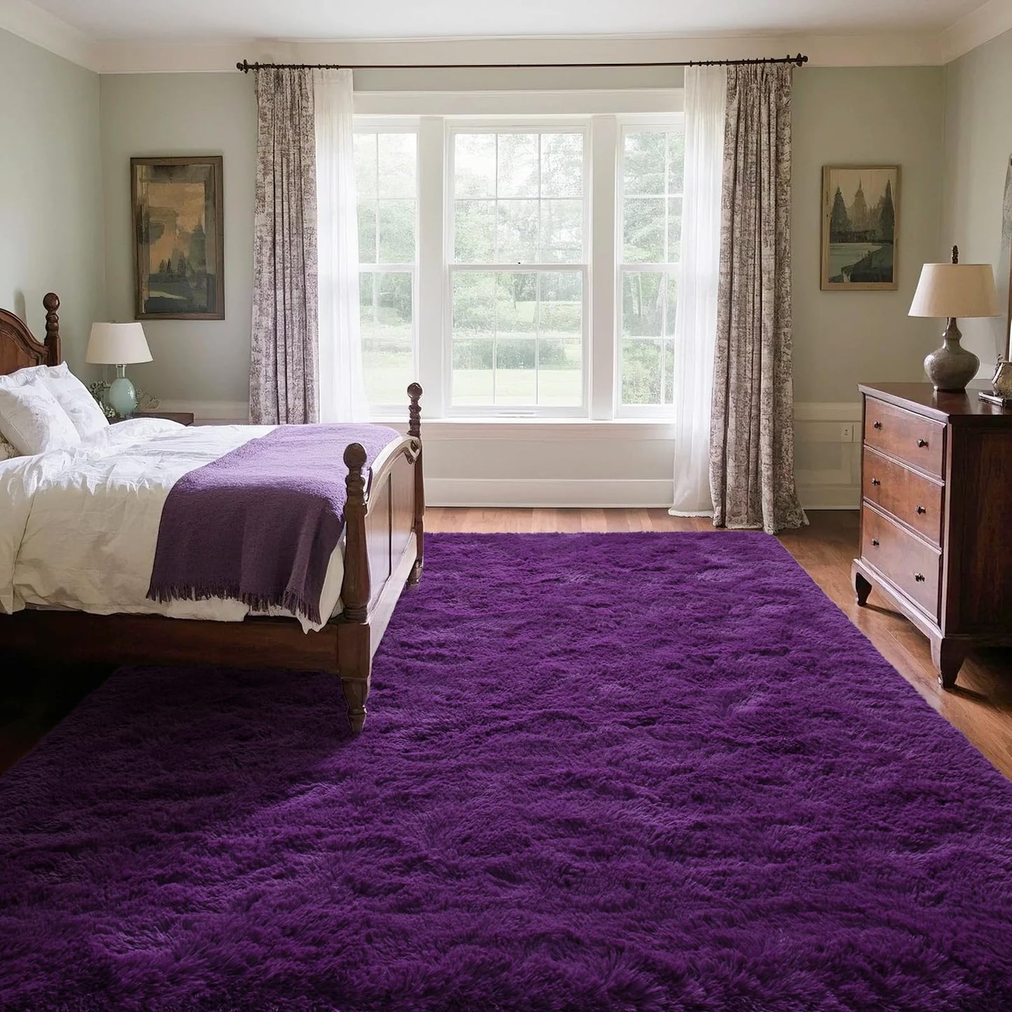 Rtizon Shag Area Rug for Bedroom, 4x6 Feet Fluffy Rugs for Girls Boy's Bed Bedside, Plush Carpet with Non-Slip Bottom for Living Room Office Dorm Nursery Room, Dark Purple