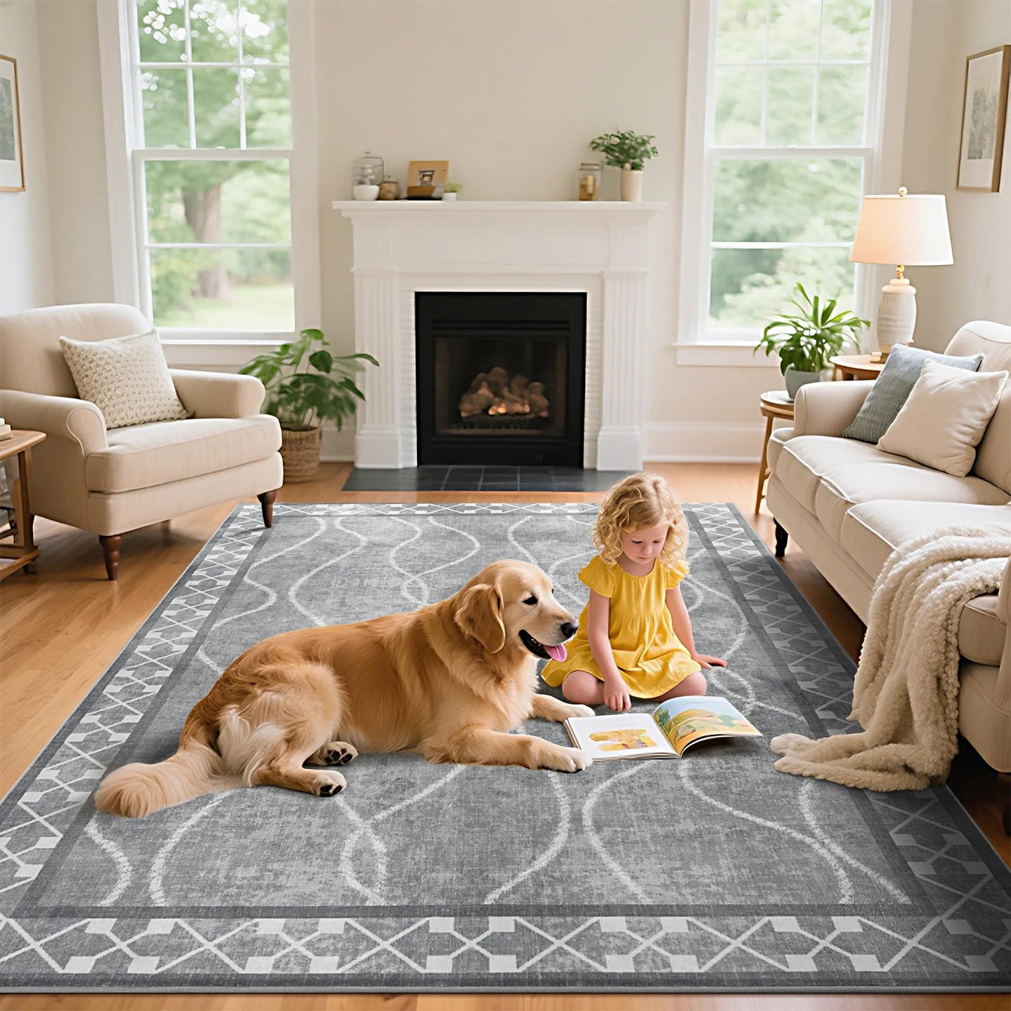 Woottpe 5x7 Light Grey Area Rugs for Living Room, Machine Washable Non-Slip Backing Low Pile Indoor Floor Rugs, Large Modern Carpet for Bedroom Entryway Classroom Playroom Dining Room Home Decor