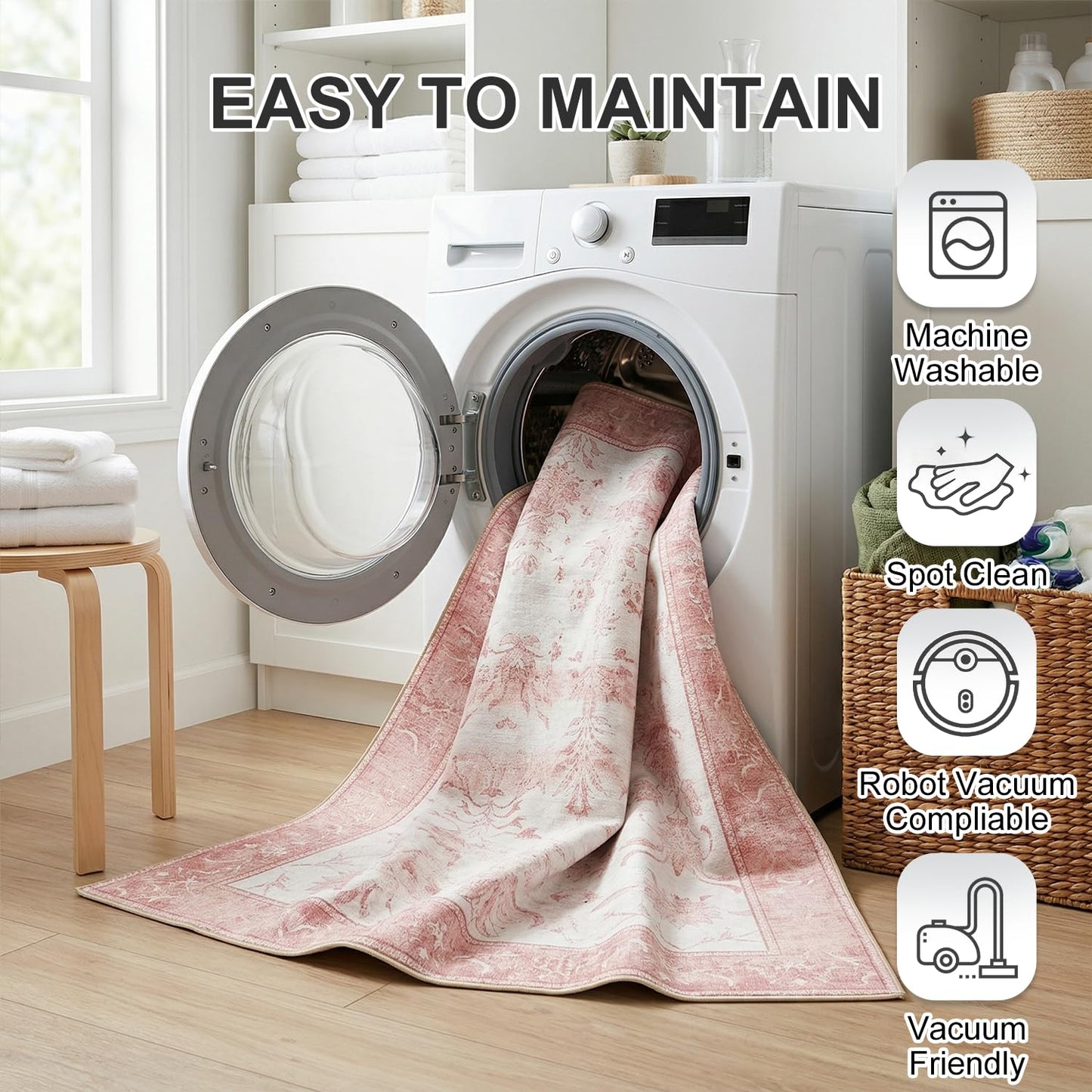 Cnythlis Large 8'x10' Washable Boho Area Rug, Distressed Vintage Medallion Carpet for Big Dining Room, 0.26" Low Pile Spill Resistant Faux Wool Rug - Foldable Non-Slip Silicone Grip, Pink & White
