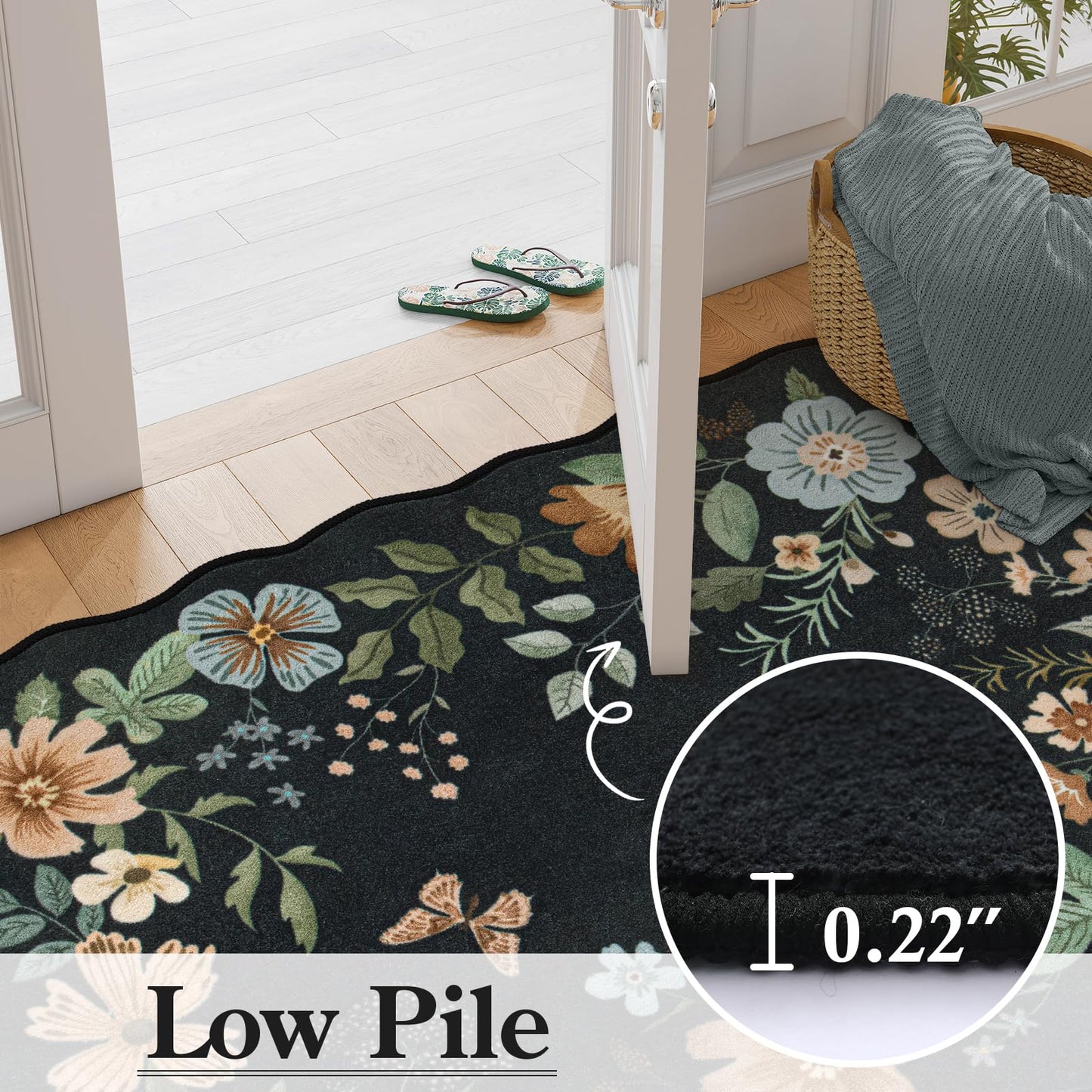 Lahome Floral Rugs for Living Room, 5x7 Area Rugs Ultra-Thin Soft Washable Rug, Non-Slip Bedroom Rug Stain Resistant Boho Flore Carpet for ‎Dining Room Office (5x7ft,Black/Grey)
