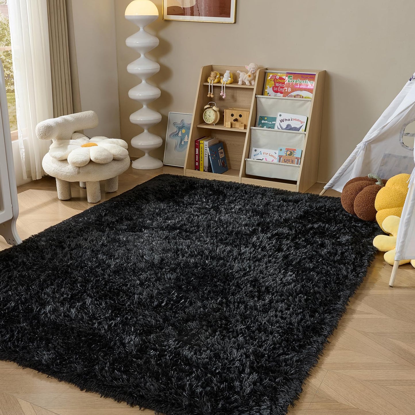 LEDODO Fluffy Area Rugs for Bedroom - Soft Plush Shag Rug for Living Room Nursery Kids Room - Non Slip Fuzzy Shaggy Floor Carpets for Girls Boys Play Room Dorm Decor (Black, 5' x 7')