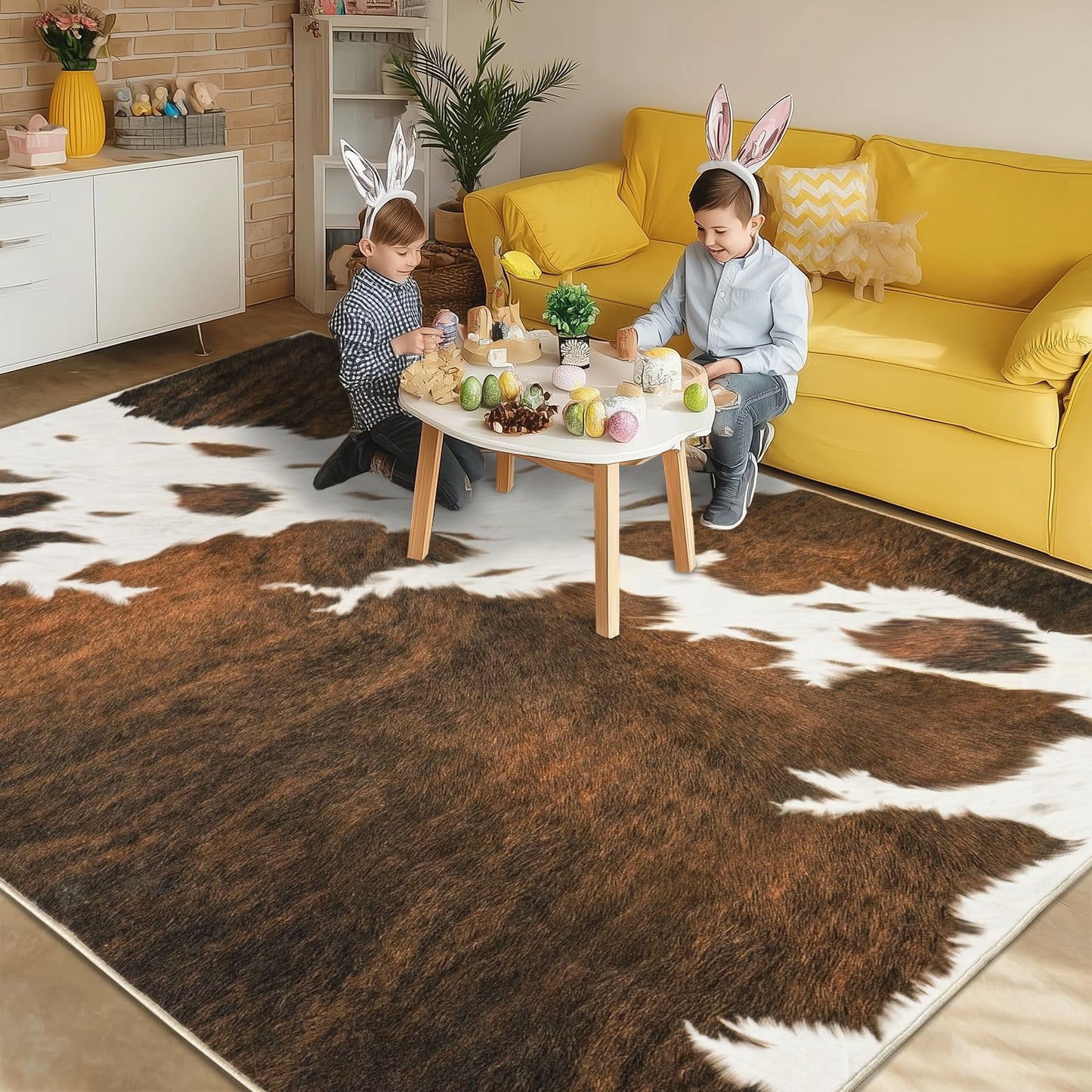 plumlik Cowhide Rug Area Rugs for Living Room, 8x10 Cow Print Rug Machine Washable for Bedroom Dining Room Western Home Decor Non-Slip Low Pile Indoor Floor Carpet