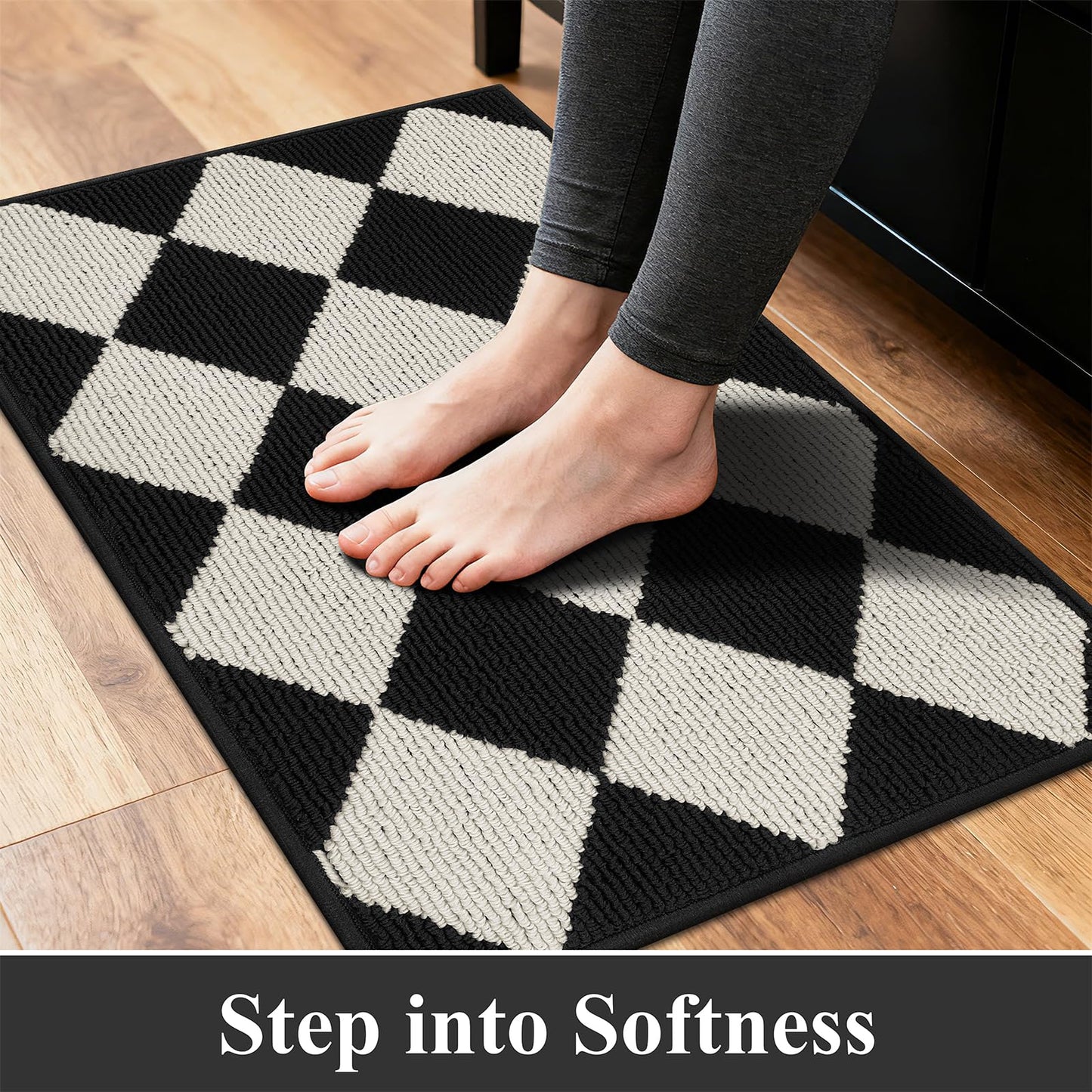 SHACOS 3Pcs Kitchen Rug, Checkered Kitchen Mat for Floor, Washable Non Slip Runner Rug for Hallway Entryway, Kitchen Runner Set for Kitchen, Front of Sink (17"x30"+17"x47"+17"x59", Black/White)