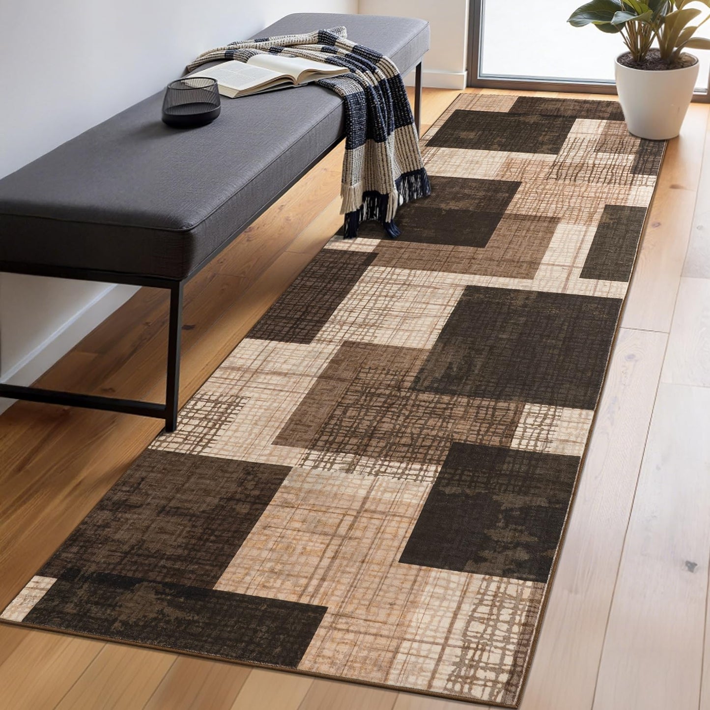 Ailyei Washable 2x8 Runner Rug for Hallway Kitchen Bedroom, Modern Geometric Patchwork Grid Print Non Slip Carpet, Soft Stain Resistant Long Runner with Rubber Backing, Chocolate