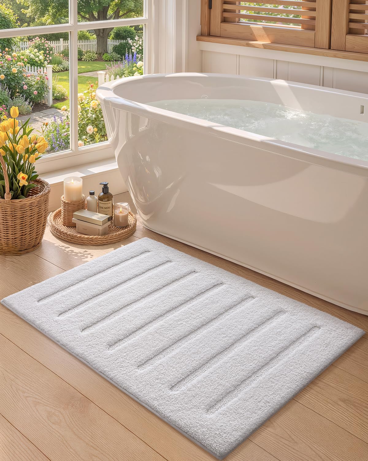 Color&Geometry White Bathroom Rugs 30x17, Ultra Soft Absorbent Microfiber Bath Rugs, Washable Plush Striped Bathroom mat, Non-Slip Bath Mats for Bathroom, Bathtub, Shower, Laundry, White