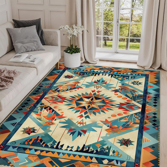 5x7 Aztec Rug Western Area Rug Southwestern Tribal Orange Blue Bedroom Ultra-Thin Soft Low Pile Large Carpet Living Room Non Slip Dining Room Stain Resistant Office Washable Machine
