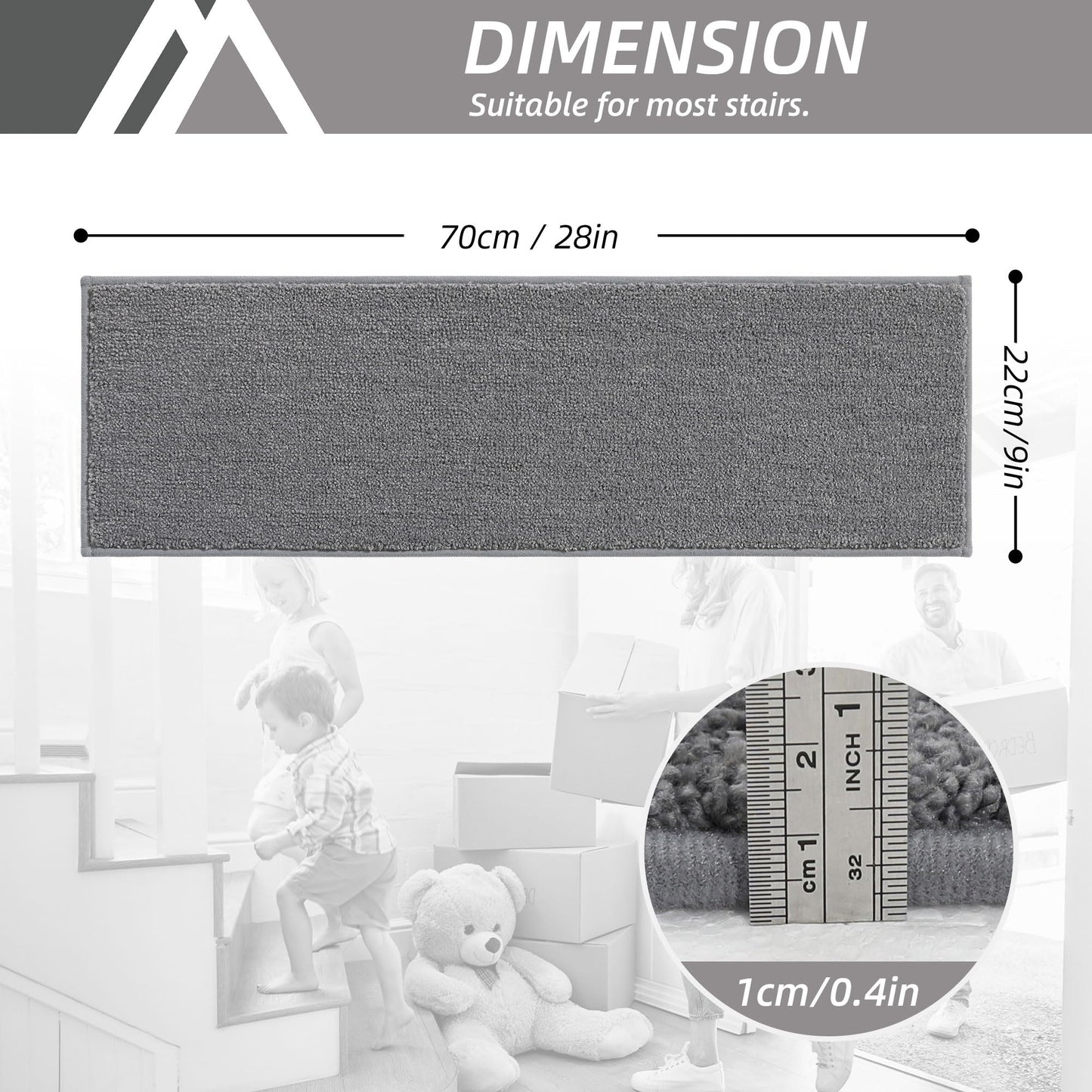 COSY HOMEER Stair Treads Non-Slip Carpet Stair Treads for Wooden Steps, Indoor Stair-Runner Rugs for Kids Elders & Pets 28"x9" (15Pc, Gray)