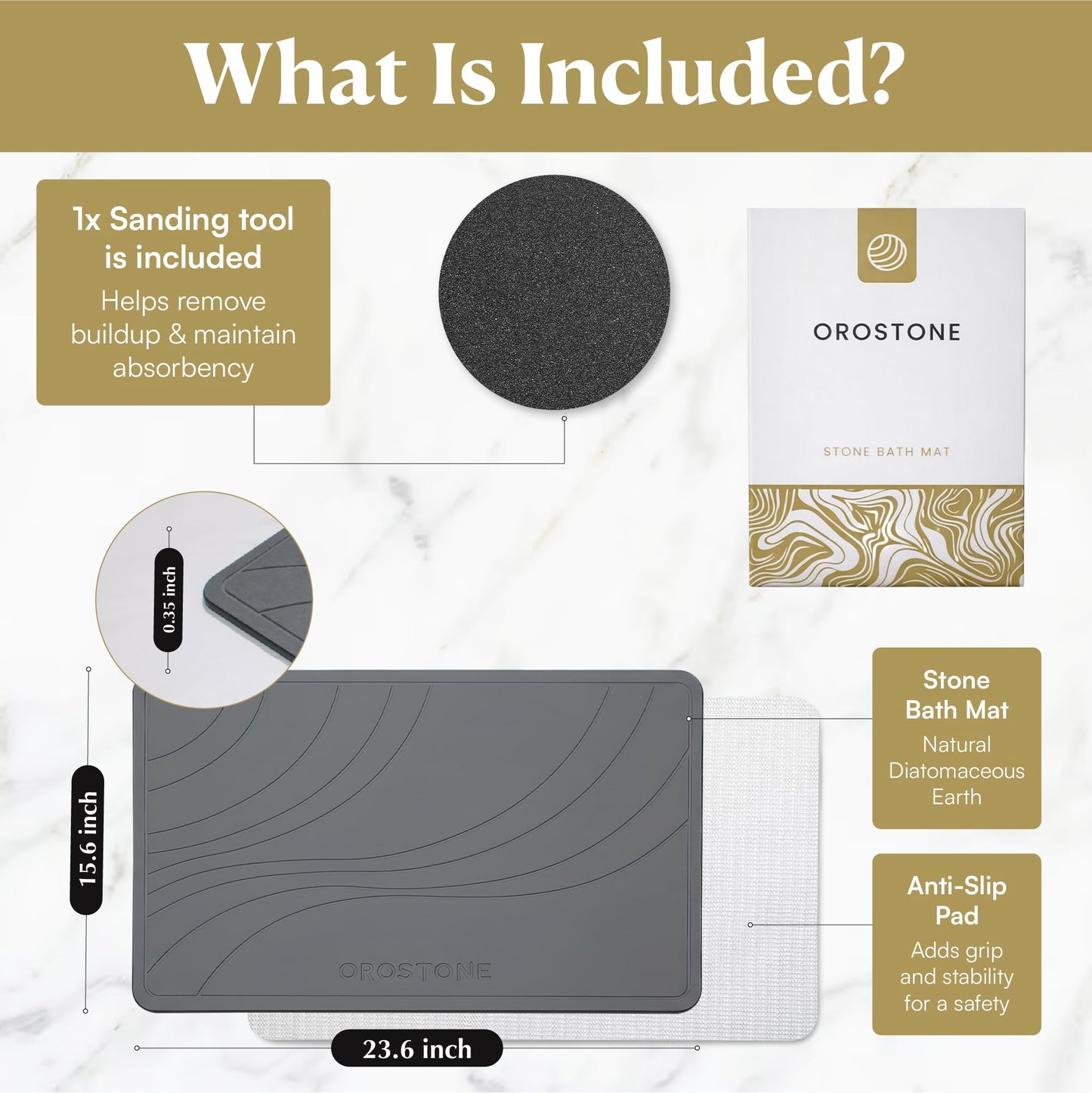 OROSTONE Stone Bath Mat – Diatomaceous Earth, Quick Dry & Super Absorbent, Non-Slip Base, Modern Minimalist Bathroom Mat, Luxury Shower Floor Mat for Bathroom (24x16”)