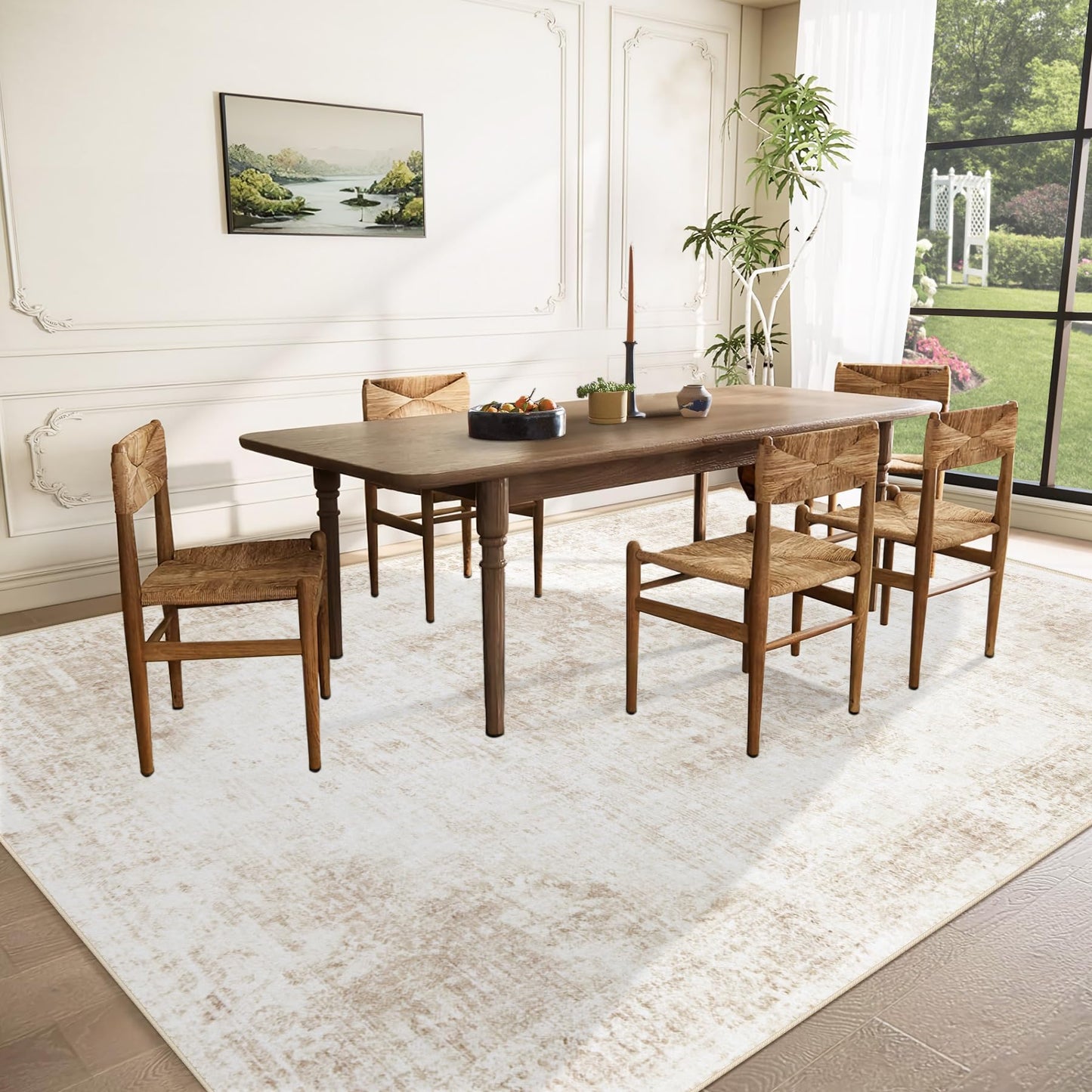 VECARF Area Rug 8x10 Washable Rug, Vintage Boho Medallion Rugs Non-Slip Soft Low Pile Large Distressed Rug Indoor Retro Carpet for Living Room Bedroom Dining Room Office Children's Room(Beige, 8'x10')