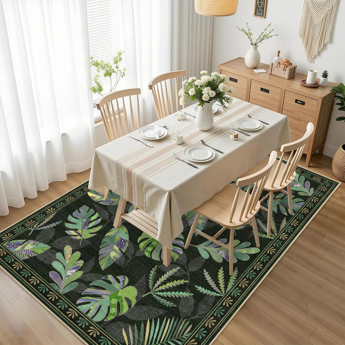 Monstera Rug 3x5 for Living Room Sage Green Leaf Area Rugs Machine Washable Tropical Botanical Rug Non Slip Printed Low Pile Indoor Floor Carpet for Kitchen Bathroom Bedroom,Green