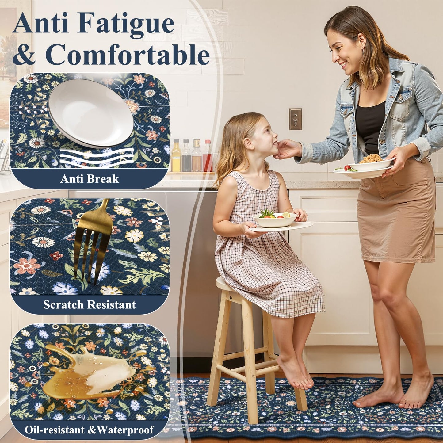 Yamaziot Anti Fatigue Kitchen Rugs Set of 3 - Boho Non Slip Waterproof Kitchen Mats for Floor, Boho Runner Rug for Kitchen Floor, Laundry, Desk, Bar, Office, 17.3"x29"+17.3"x35"+17.3"x47", Blue