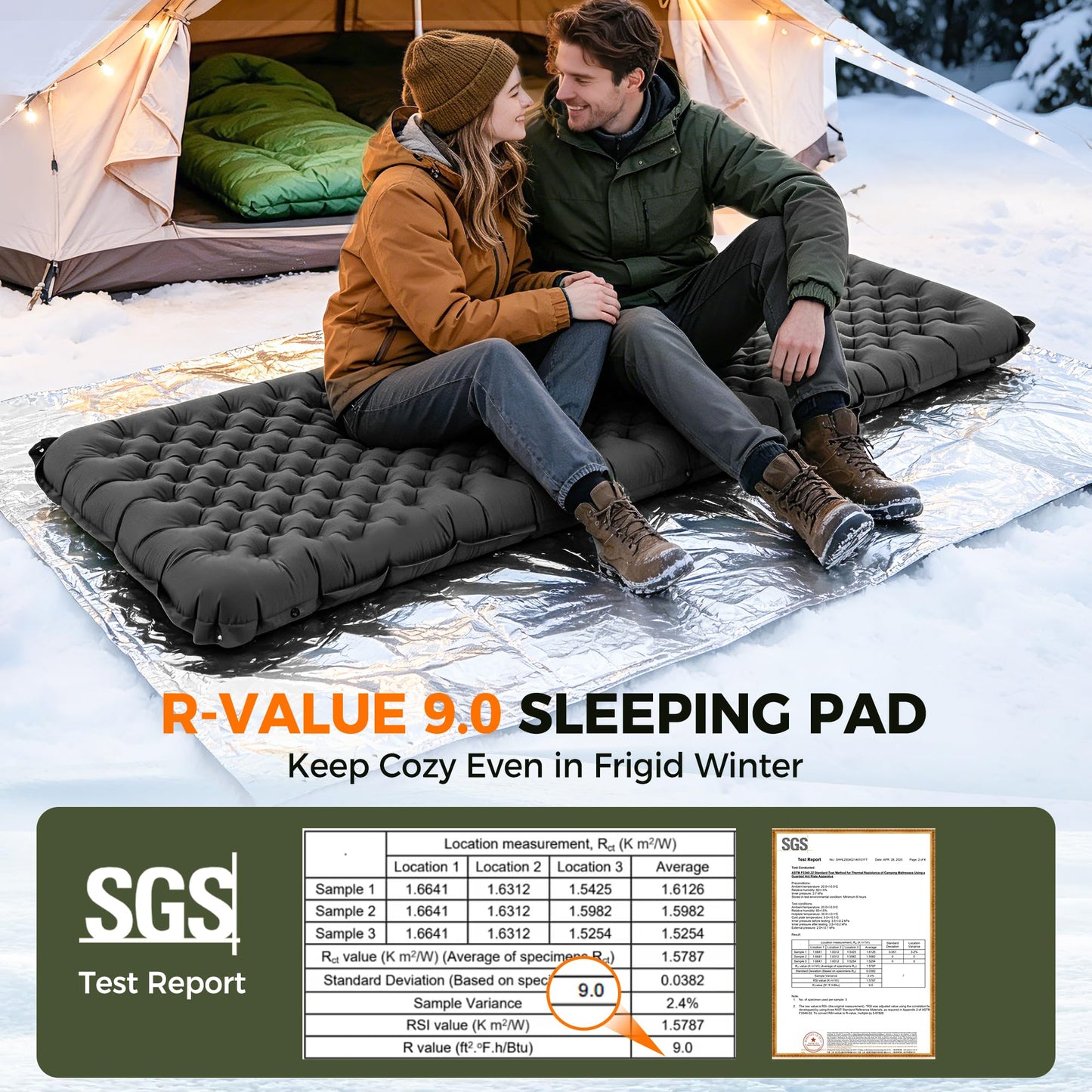 Asrug Camping Insulated Sleeping Pad with 9.0 R-Value for All Season Portable 4" Thick Camping Mattress Pad for Outdoor Hiking Tent Ultralight Backpacking Inflatable Sleeping Mat(Gray)