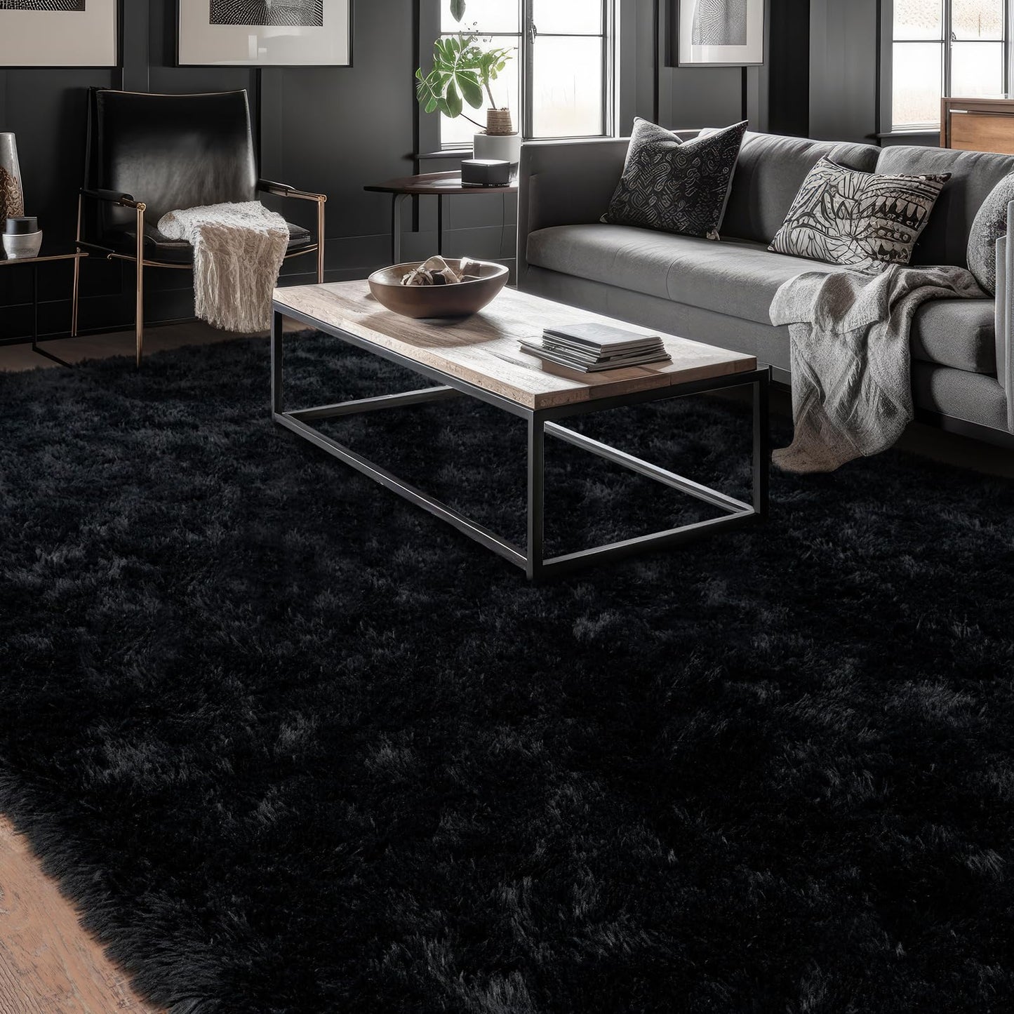 Dssimo Super Fluffy Black 8x10 Area Rugs for Living Room, Modern Large Shag Rug for Bedroom, Non-Slip Plush Shaggy Thick Black Carpet for Nursery Kids Room Boys Girls Dorm Indoor Home Office Decor