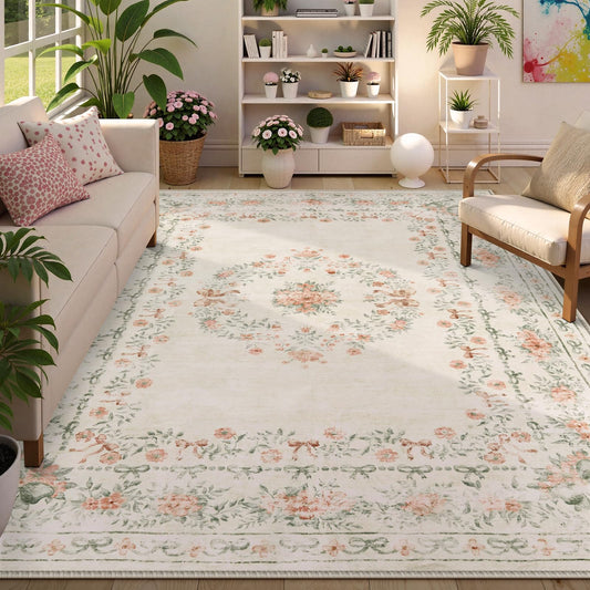 Wonnitar Floral Bow Print Washable 8x10 Rug, Beige Rugs for Living Room, Boho Non Slip Ultra-Thin Soft Neutral Carpet for Nursey Kids Room Dorm Living Room, Beige