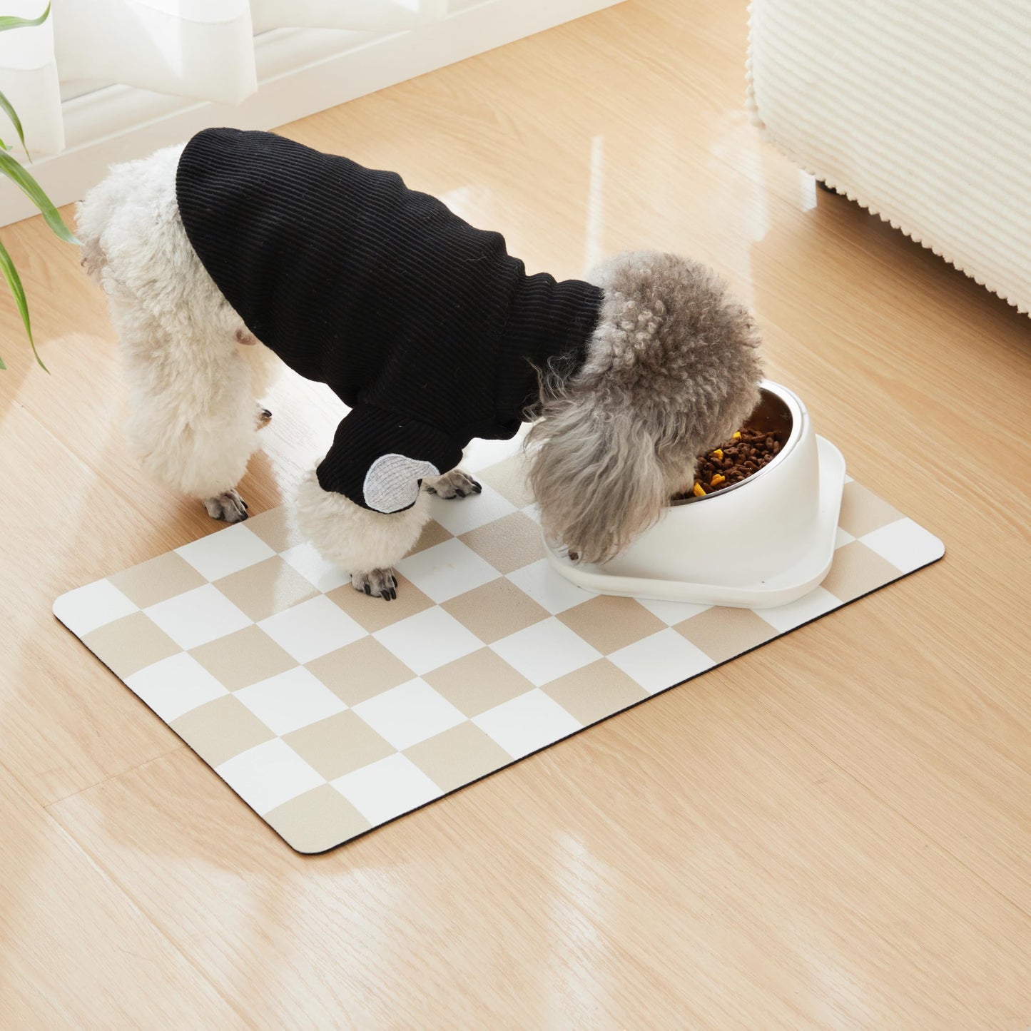 Ralxion Checkered Dog Feeding Mat, Absorbent Mats for Dog Food and Water Bowl, Dispenser, Retro Aesthetic Khaki Beige Checkerboard Pet Placemat for Dogs, Cats, Puppy Accessories, 12" X 19”
