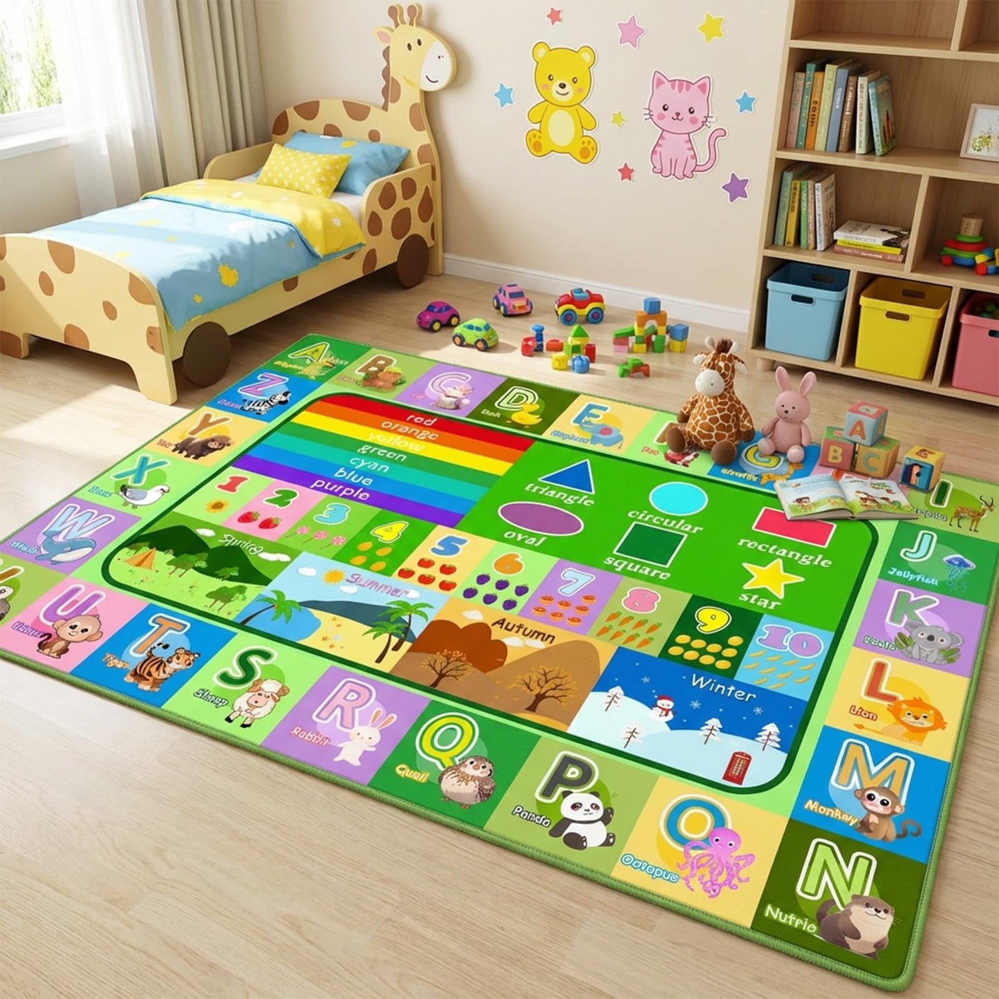 OGPJKEQR 3x5ft Kids Educational Rug, Non-Slip Machine Washable ABC Alphabet Mat & Learning Carpet for Playroom Bedroom, Nursery Floor Play Mat with Numbers, Animals & Seasons, Preschool Classroom Rugs