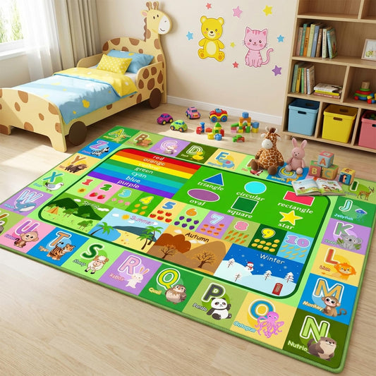 OGPJKEQR 3x5ft Kids Educational Rug, Non-Slip Machine Washable ABC Alphabet Mat & Learning Carpet for Playroom Bedroom, Nursery Floor Play Mat with Numbers, Animals & Seasons, Preschool Classroom Rugs