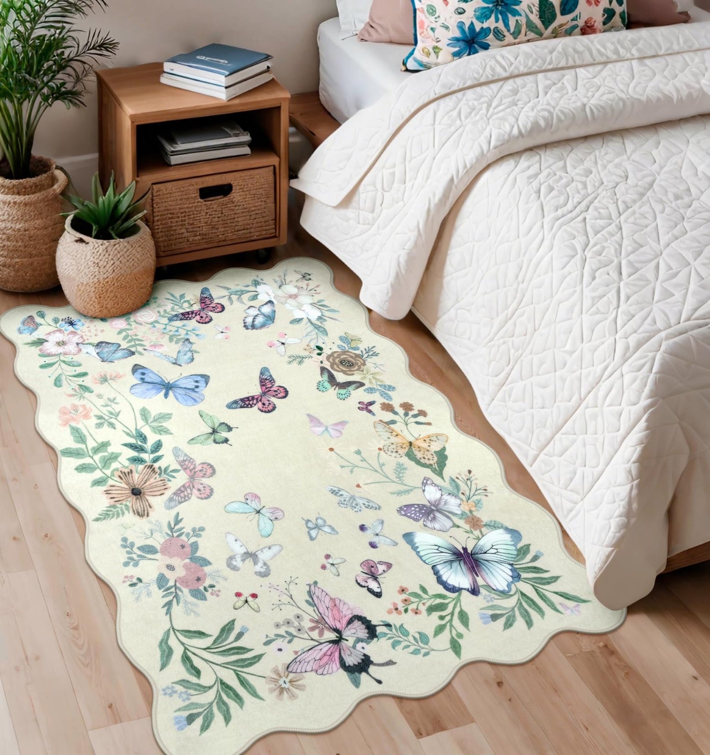 Rugalia Washable Scalloped Butterfly Area Rug, 3x5 Beige Indoor Entryway Rug Soft Non-Slip Boho Kitchen Rugs, Ultra Thin Botanical Floral Throw Carpet for Living Room Bedroom Nursery Foyer