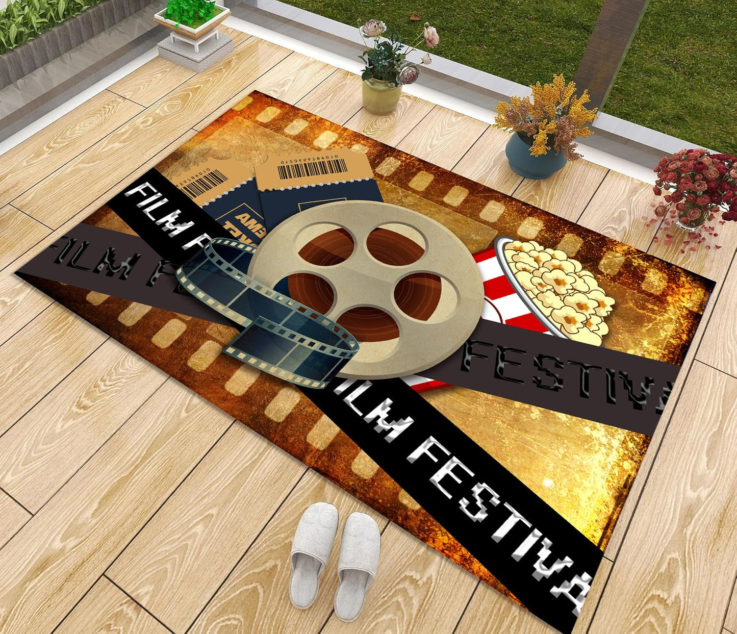 Film Festival Themed Rug, 6x8ft Soft Kids Bedroom Carpet, Non-Slip Easy Clean Rug, Film Reel Ticket Popcorn Carpet, Rustic Entrance Bathroom Mat, for Living Room Family Room Movie Area