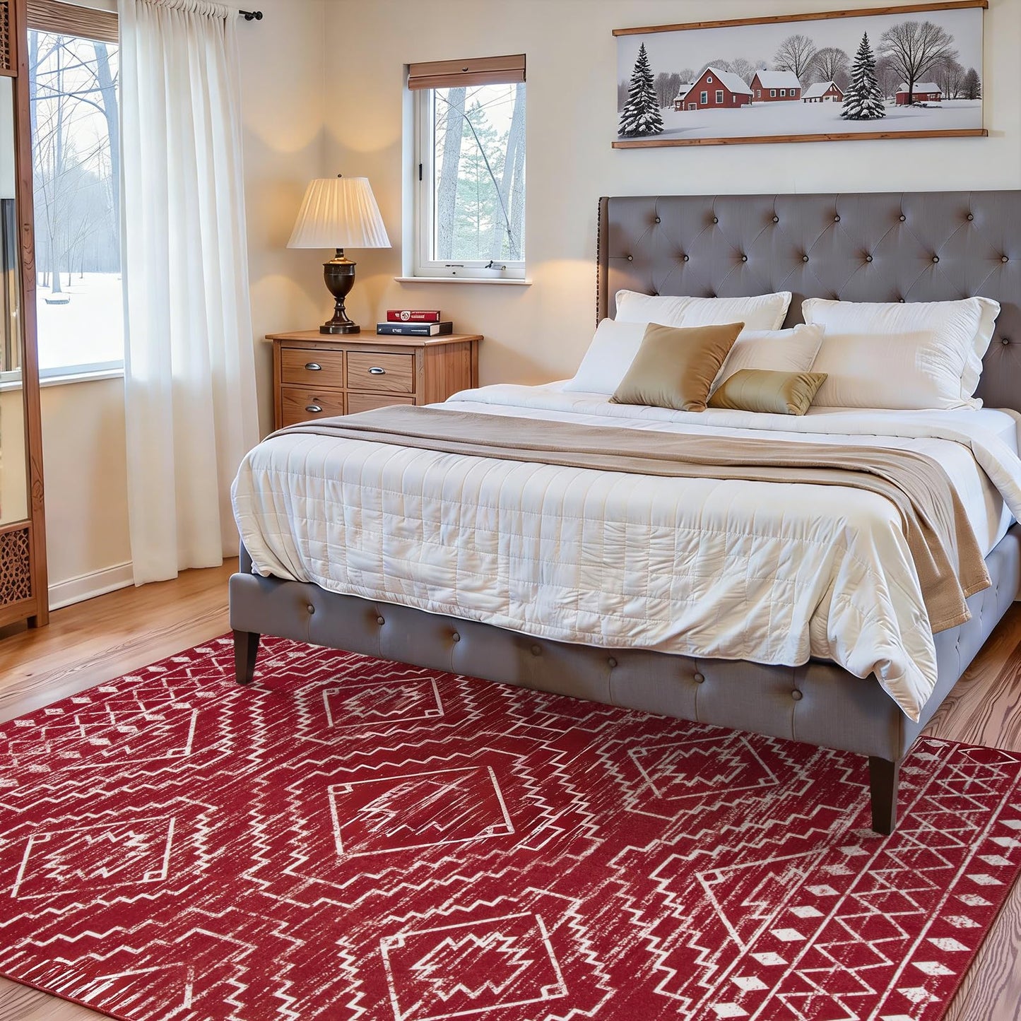 Wonnitar Moroccan Washable 3x5 Rug for Living Room, Non-Slip Chrisrmas Rug for Entryway, Low Pile Soft Farmhouse Area Rug for Bedroom Entry Kitchen Basement (Red,3'x5')