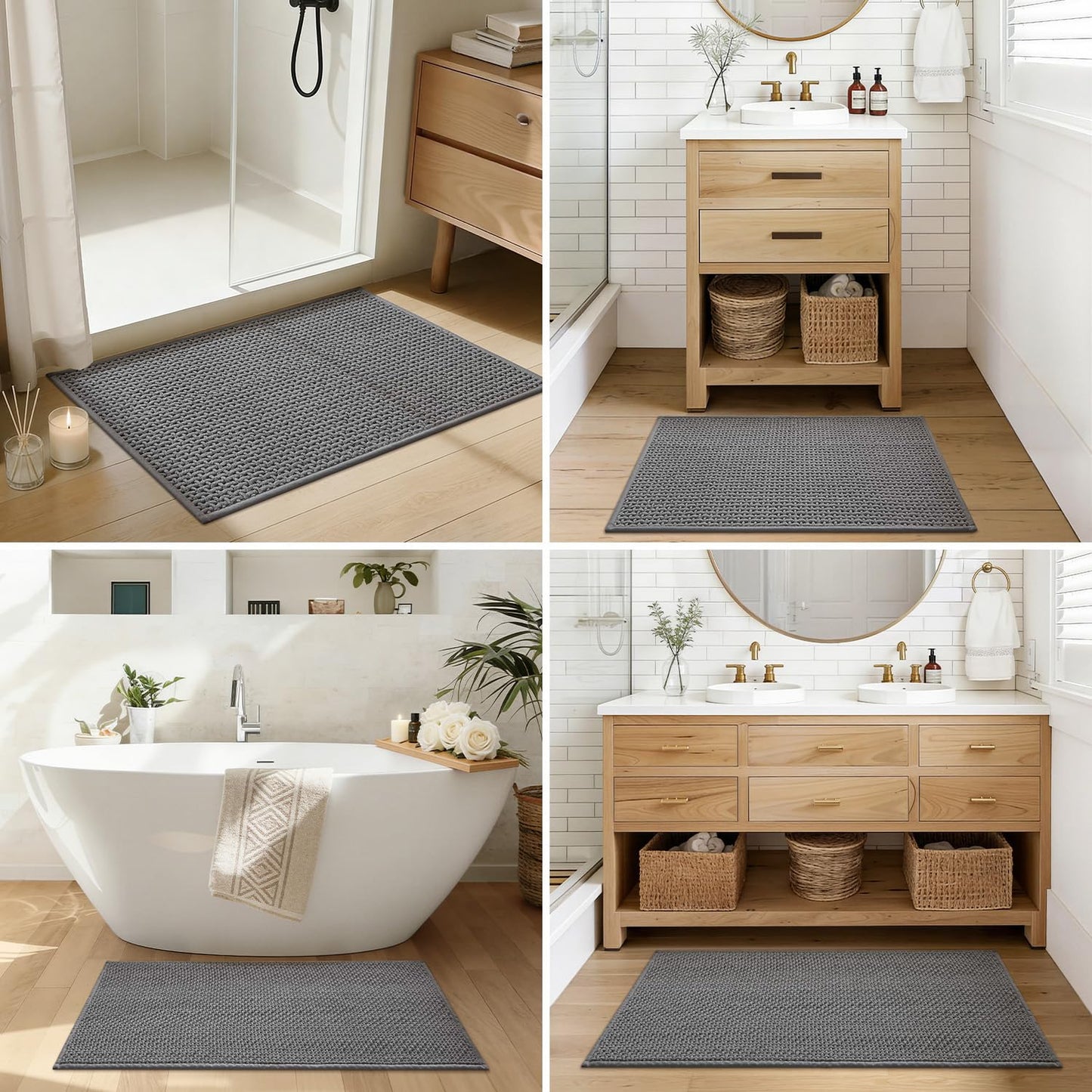 Color&Geometry Rubber Backed Waffle Bath Mat 30x17, Non Slip Water Washable Bathroom Rugs, Soft Absorbent Chenille Boho Carpet for Bathroom Floor, Tub and Shower, Grey